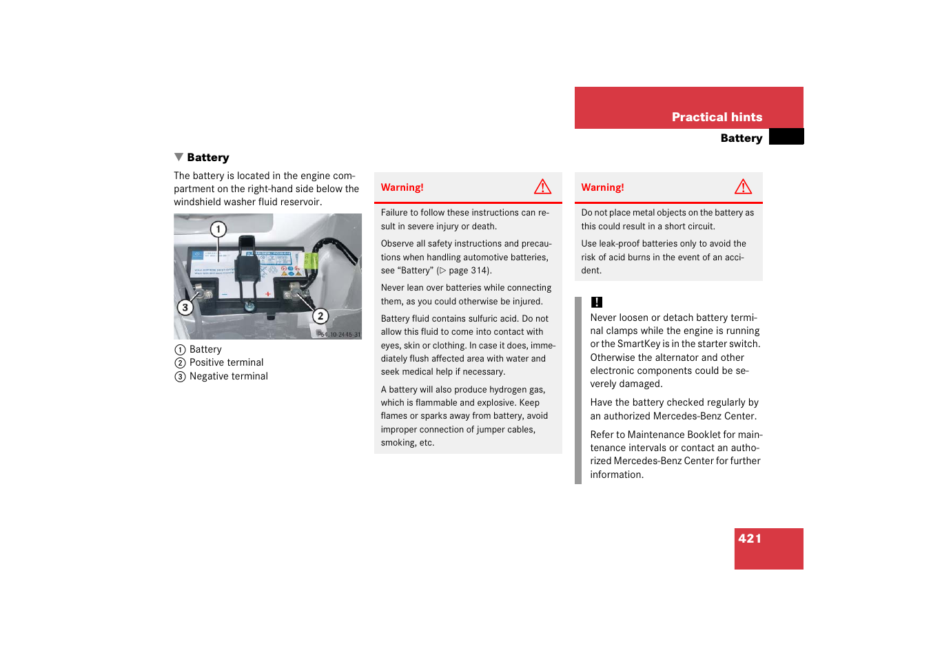 Battery (vehicle), Battery | Mercedes-Benz SLK-Class 2006 Owners Manual User Manual | Page 422 / 481