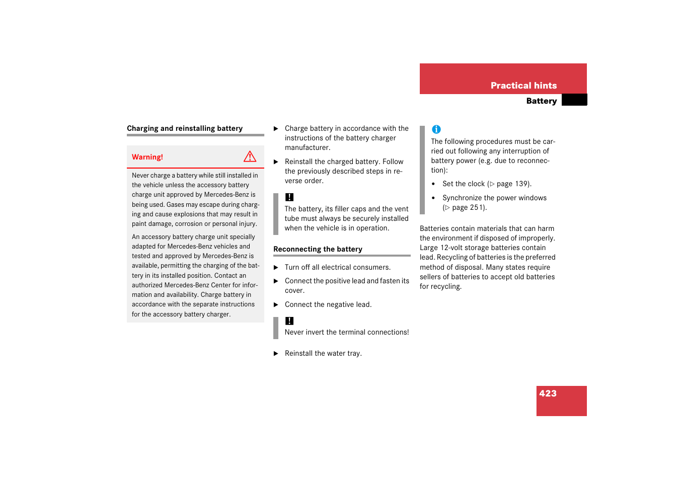 Charging and reinstalling battery, Reconnecting the battery | Mercedes-Benz SLK-Class 2006 Owners Manual User Manual | Page 424 / 481