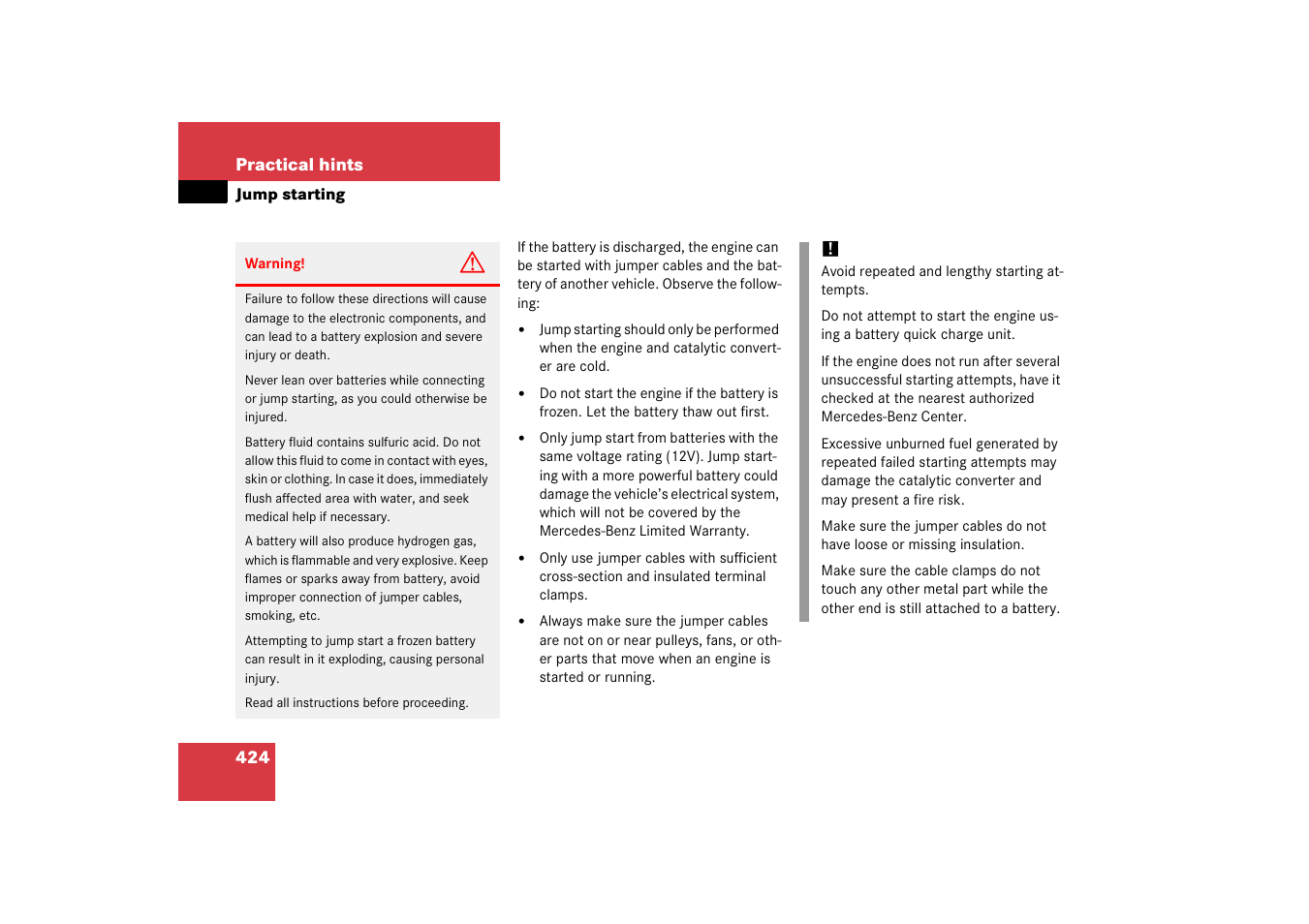 Jump starting | Mercedes-Benz SLK-Class 2006 Owners Manual User Manual | Page 425 / 481