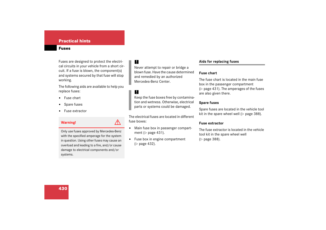 Fuses, Aids for replacing fuses | Mercedes-Benz SLK-Class 2006 Owners Manual User Manual | Page 431 / 481