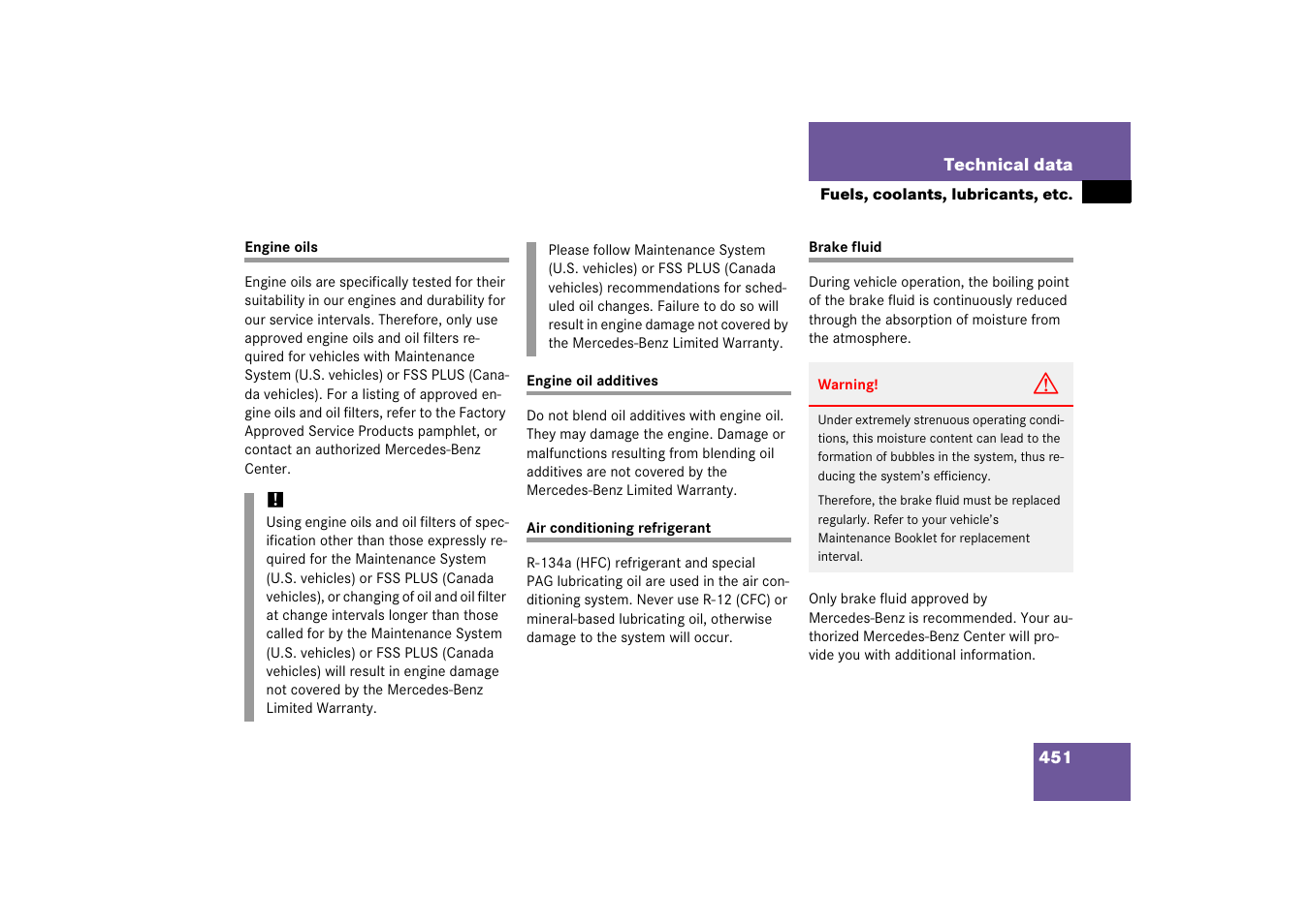 Engine oil, Engine oil:additives, Technical data:air conditioning refrigerant | Brakes:brake fluid | Mercedes-Benz SLK-Class 2006 Owners Manual User Manual | Page 452 / 481