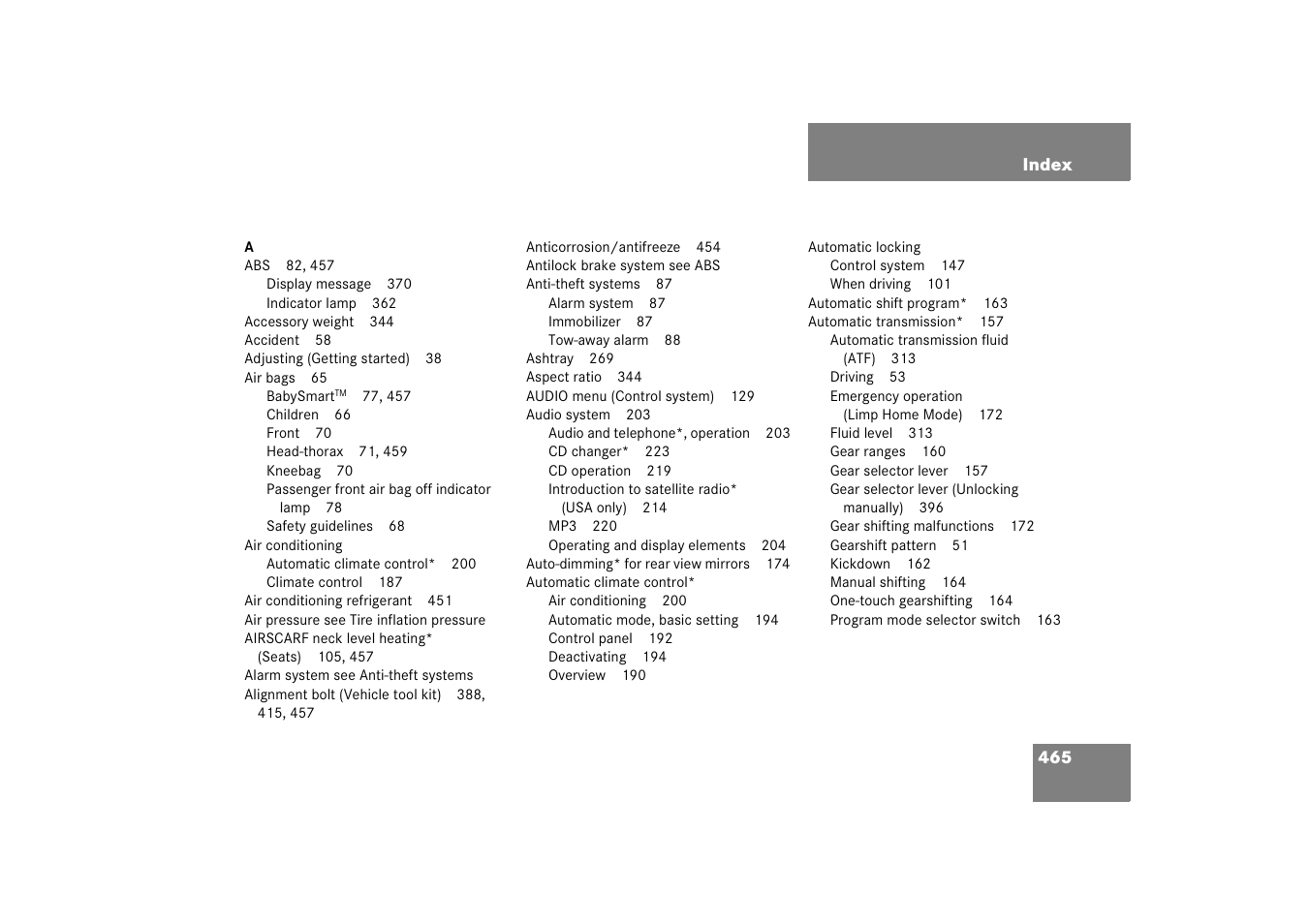 Index | Mercedes-Benz SLK-Class 2006 Owners Manual User Manual | Page 466 / 481