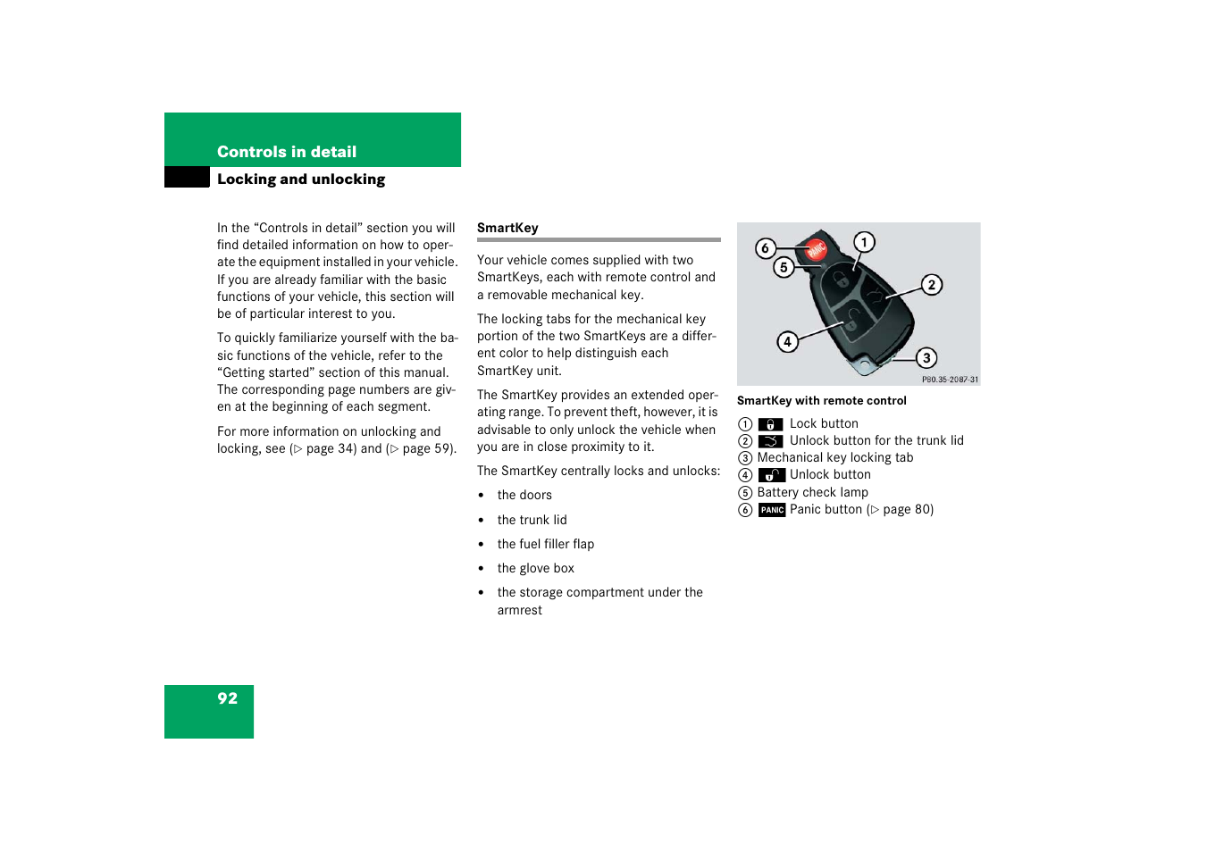 Smartkey:locking and unlocking, Smartkey, Locking and unlocking | Mercedes-Benz SLK-Class 2006 Owners Manual User Manual | Page 93 / 481