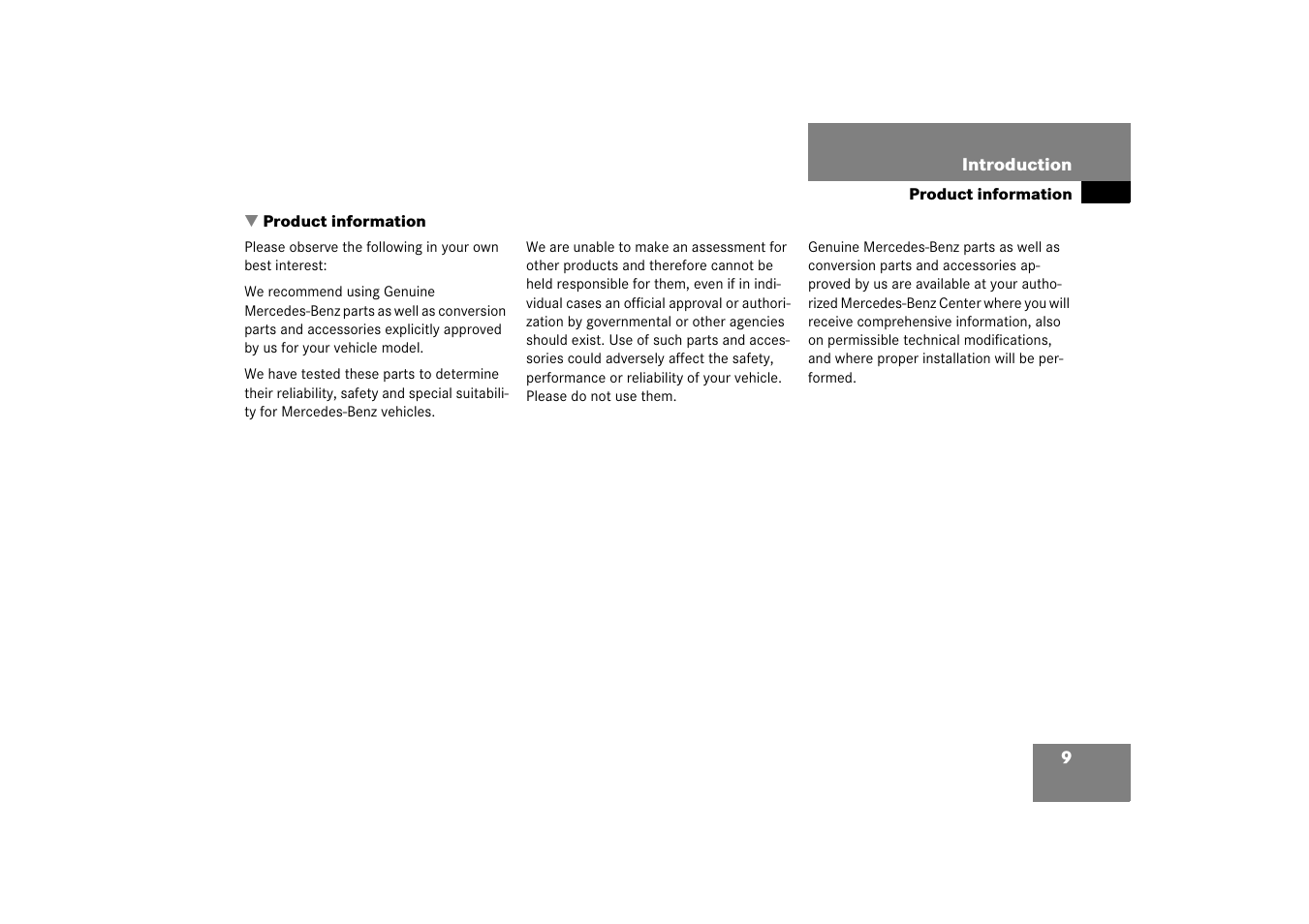 Introduction, Product information | Mercedes-Benz SL-Class 2006 Owners Manual User Manual | Page 10 / 480