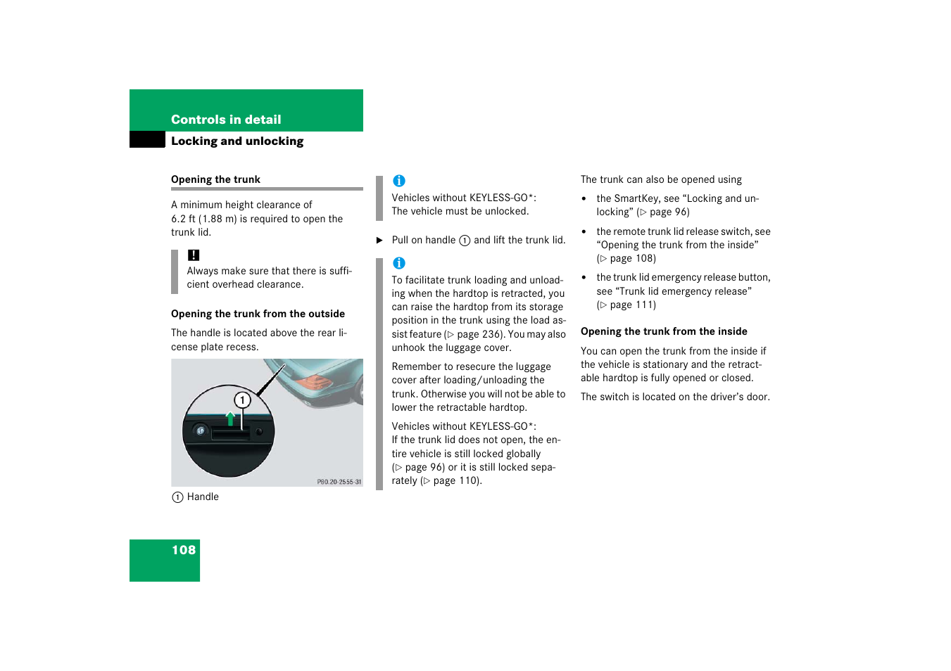 Opening the trunk | Mercedes-Benz SL-Class 2006 Owners Manual User Manual | Page 109 / 480