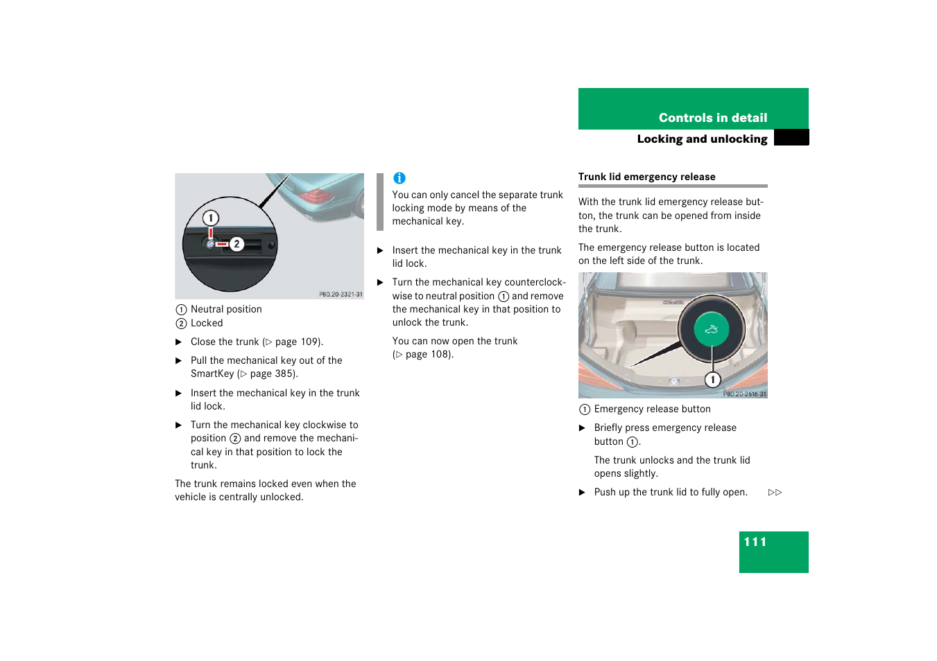 Trunk lid emergency release, See “trunk lid emergency release | Mercedes-Benz SL-Class 2006 Owners Manual User Manual | Page 112 / 480