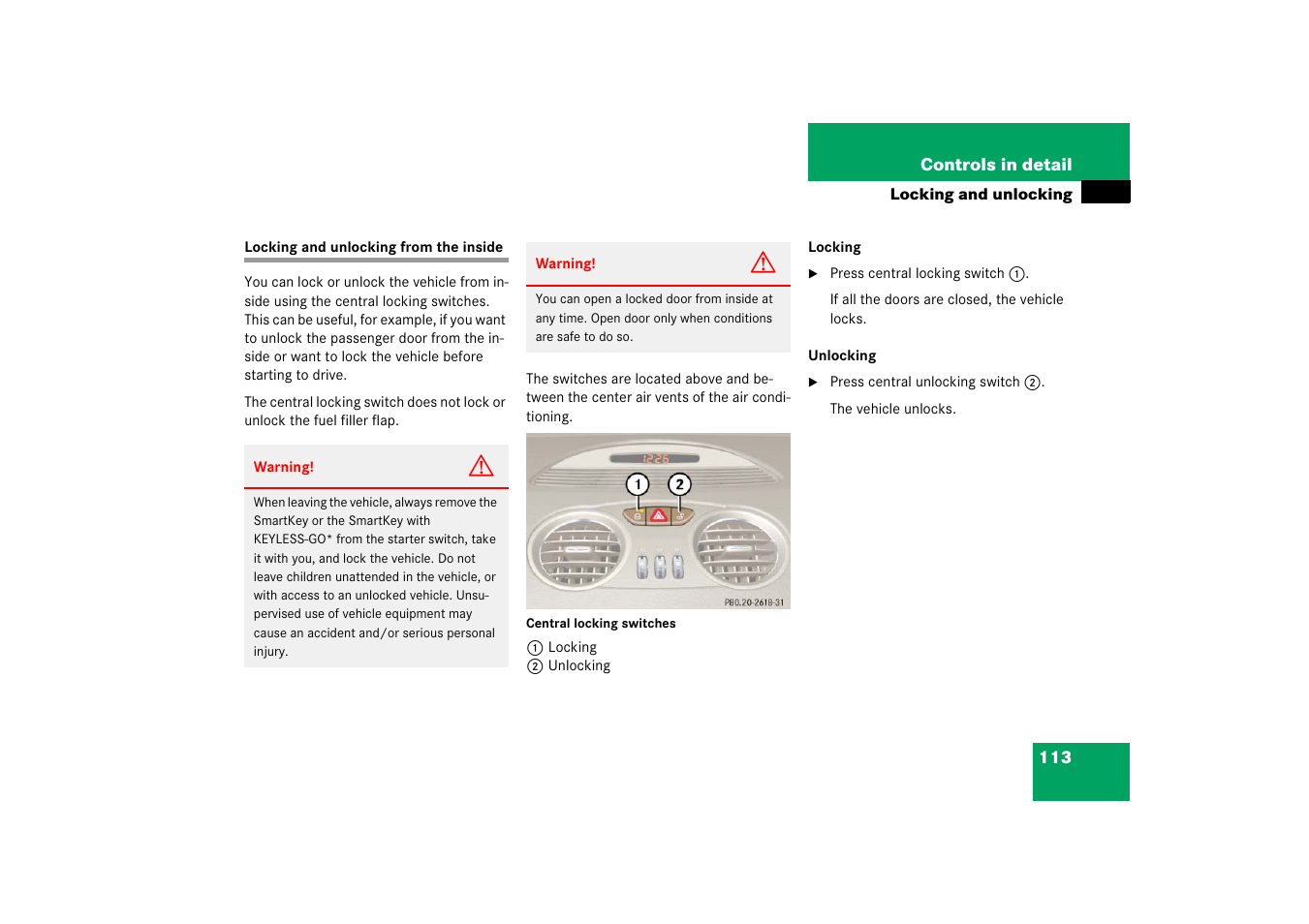 Central locking:central locking/unlocking switch, Locking and unlocking from the inside | Mercedes-Benz SL-Class 2006 Owners Manual User Manual | Page 114 / 480