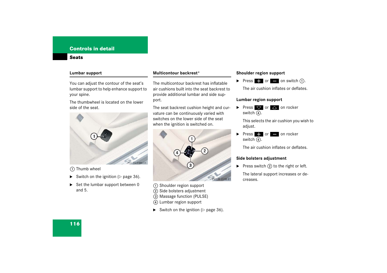 Lumbar support adjustment, Backrest:multicontour seat, Lumbar support multicontour backrest | Mercedes-Benz SL-Class 2006 Owners Manual User Manual | Page 117 / 480