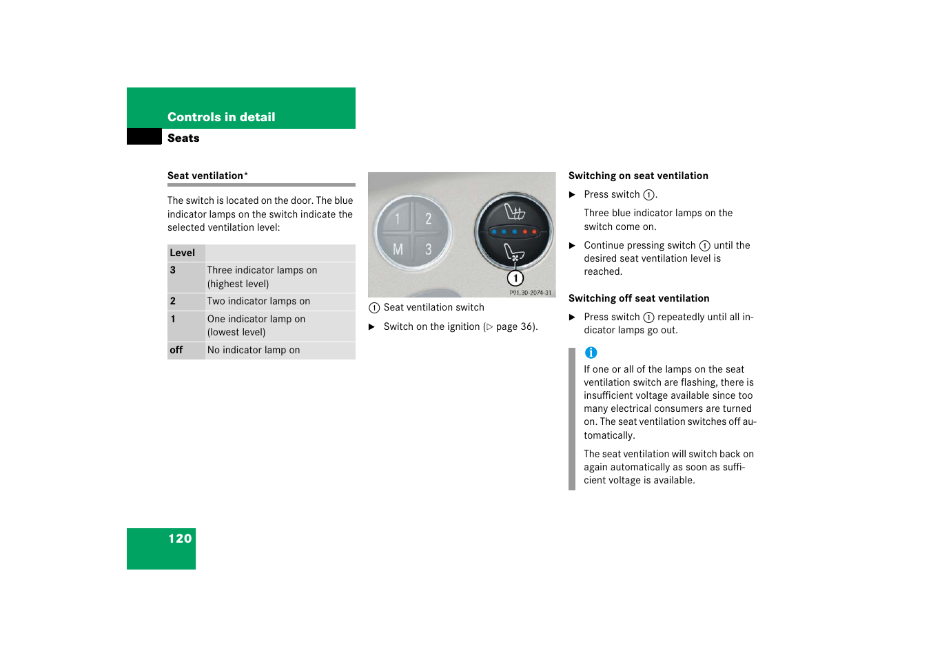 Seat ventilation | Mercedes-Benz SL-Class 2006 Owners Manual User Manual | Page 121 / 480