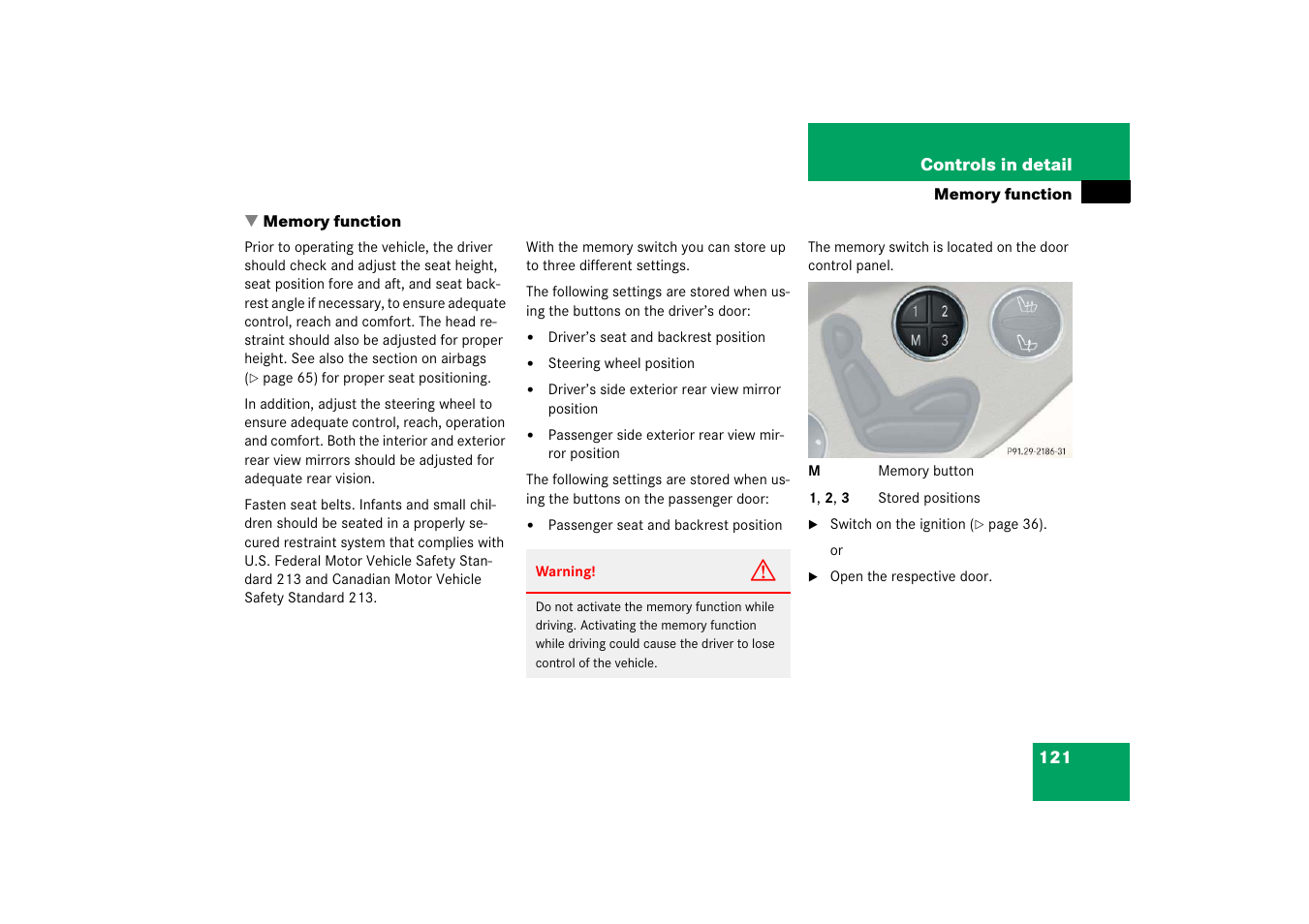 Memory function, Tion, Ry function | Mercedes-Benz SL-Class 2006 Owners Manual User Manual | Page 122 / 480