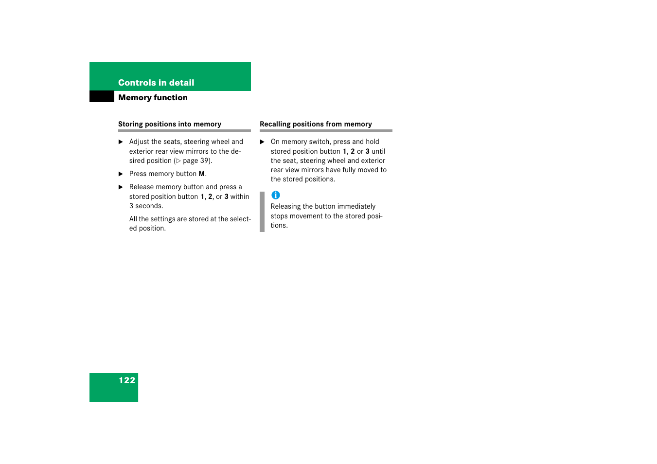 Storing positions into memory, Recalling positions from memory | Mercedes-Benz SL-Class 2006 Owners Manual User Manual | Page 123 / 480
