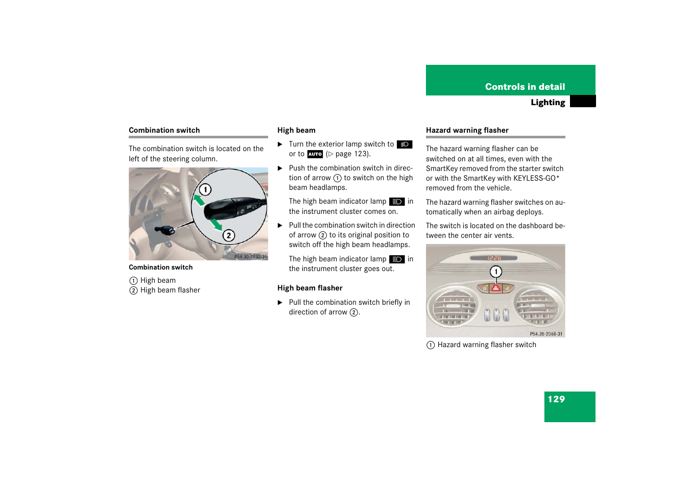 Combination switch:high beam, Hazard warning flasher, Combination switch hazard warning flasher | Mercedes-Benz SL-Class 2006 Owners Manual User Manual | Page 130 / 480