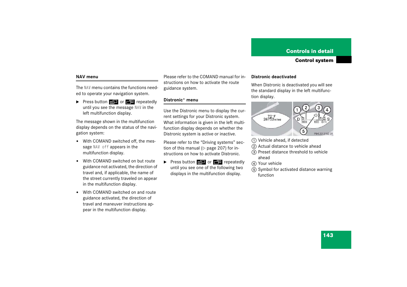 Menus:nav, Nav menu distronic* menu | Mercedes-Benz SL-Class 2006 Owners Manual User Manual | Page 144 / 480