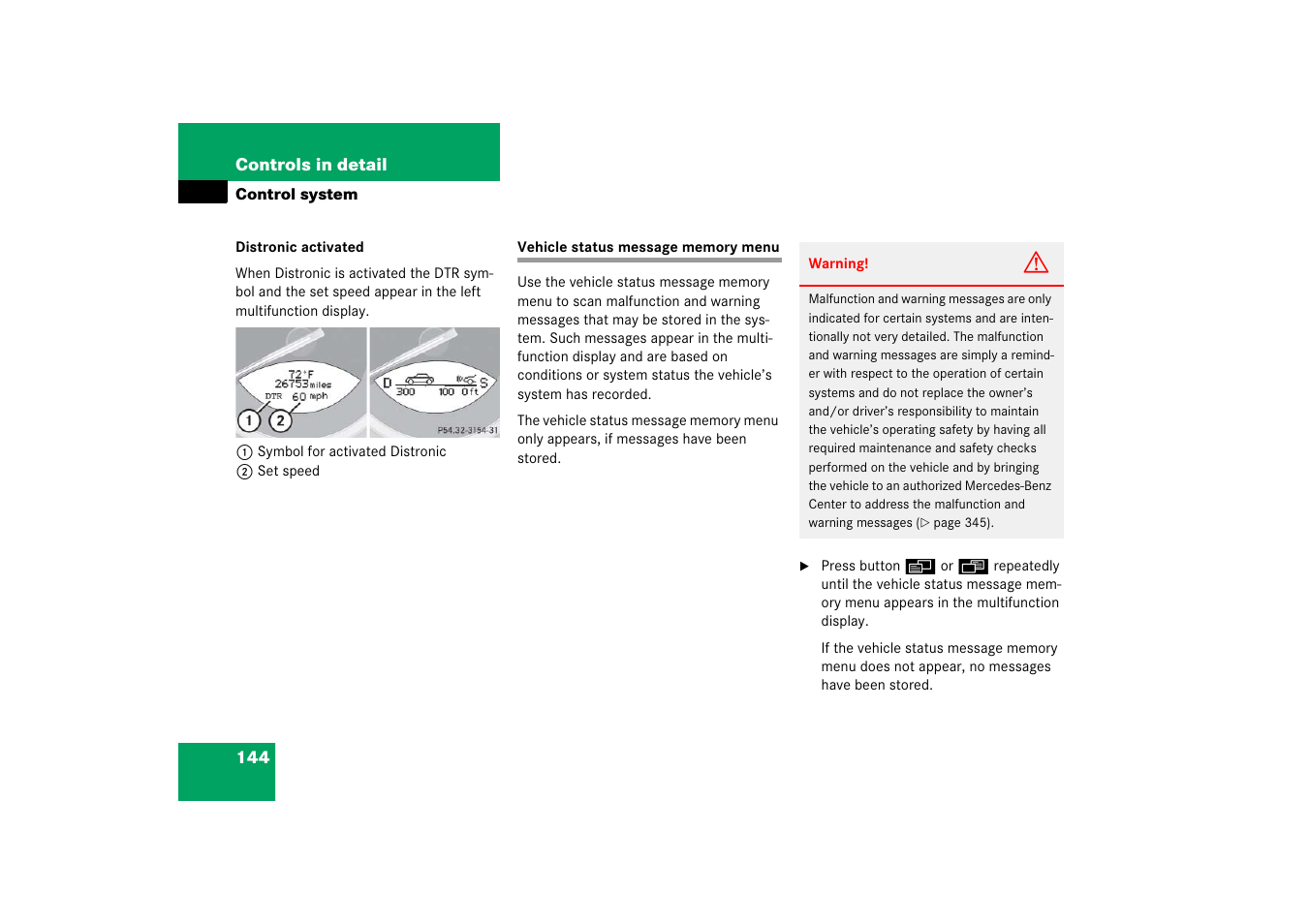 Menus:vehicle status message memory, Vehicle status message memory menu | Mercedes-Benz SL-Class 2006 Owners Manual User Manual | Page 145 / 480