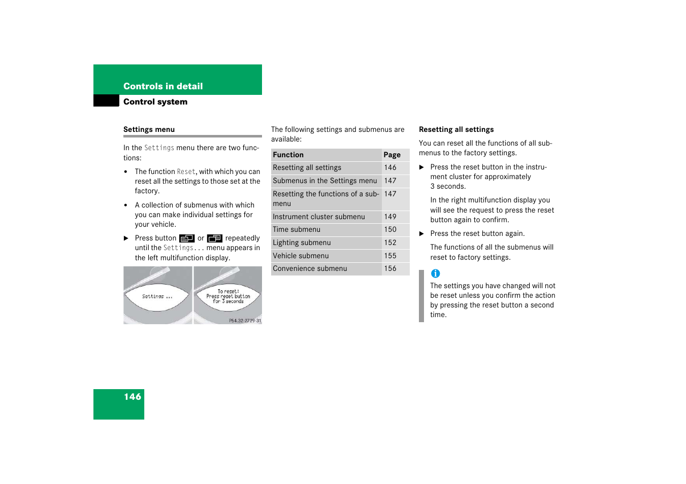Control system menus:settings, Settings menu | Mercedes-Benz SL-Class 2006 Owners Manual User Manual | Page 147 / 480