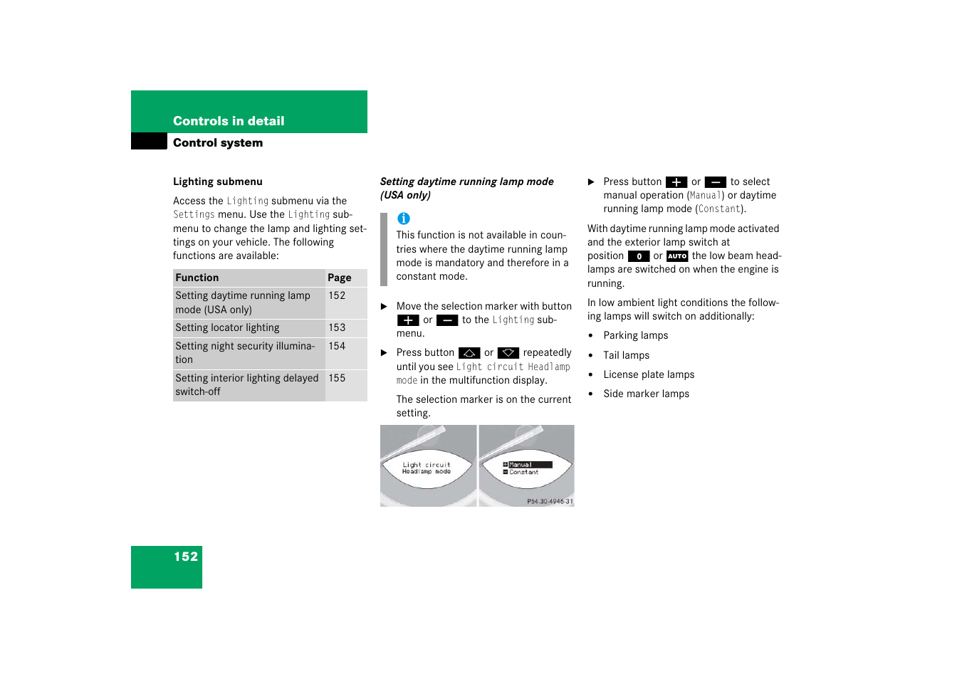 See “setting daytime running lamp mode (usa only) | Mercedes-Benz SL-Class 2006 Owners Manual User Manual | Page 153 / 480