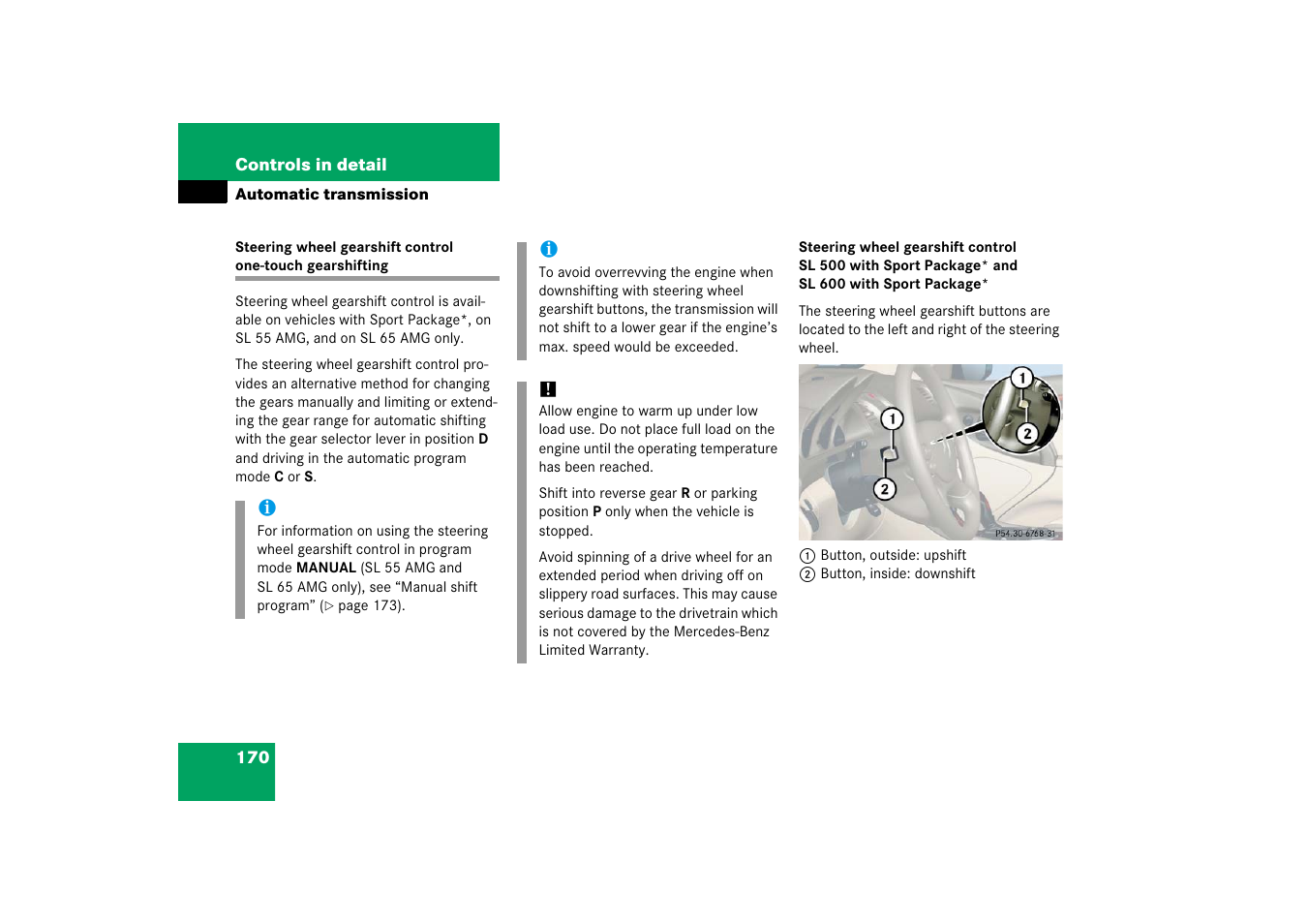 Steering wheel gearshift control | Mercedes-Benz SL-Class 2006 Owners Manual User Manual | Page 171 / 480