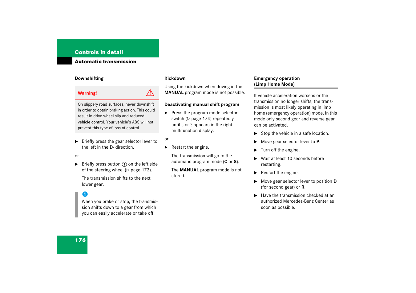 Automatic transmission:gear shifting malfunctions, Emergency operation (limp home mode) | Mercedes-Benz SL-Class 2006 Owners Manual User Manual | Page 177 / 480