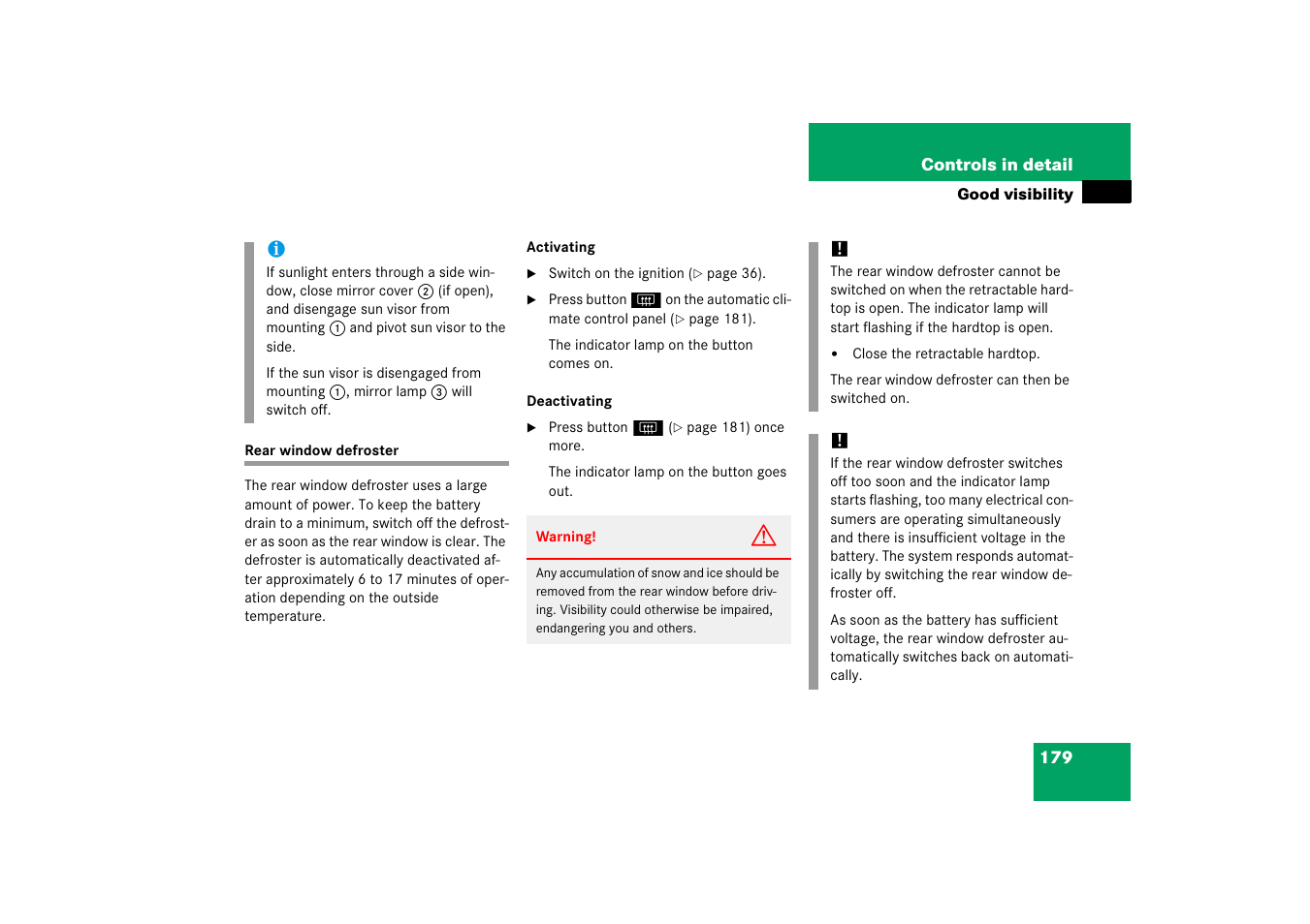 Automatic climate control system:defrosting, Rear window defroster | Mercedes-Benz SL-Class 2006 Owners Manual User Manual | Page 180 / 480