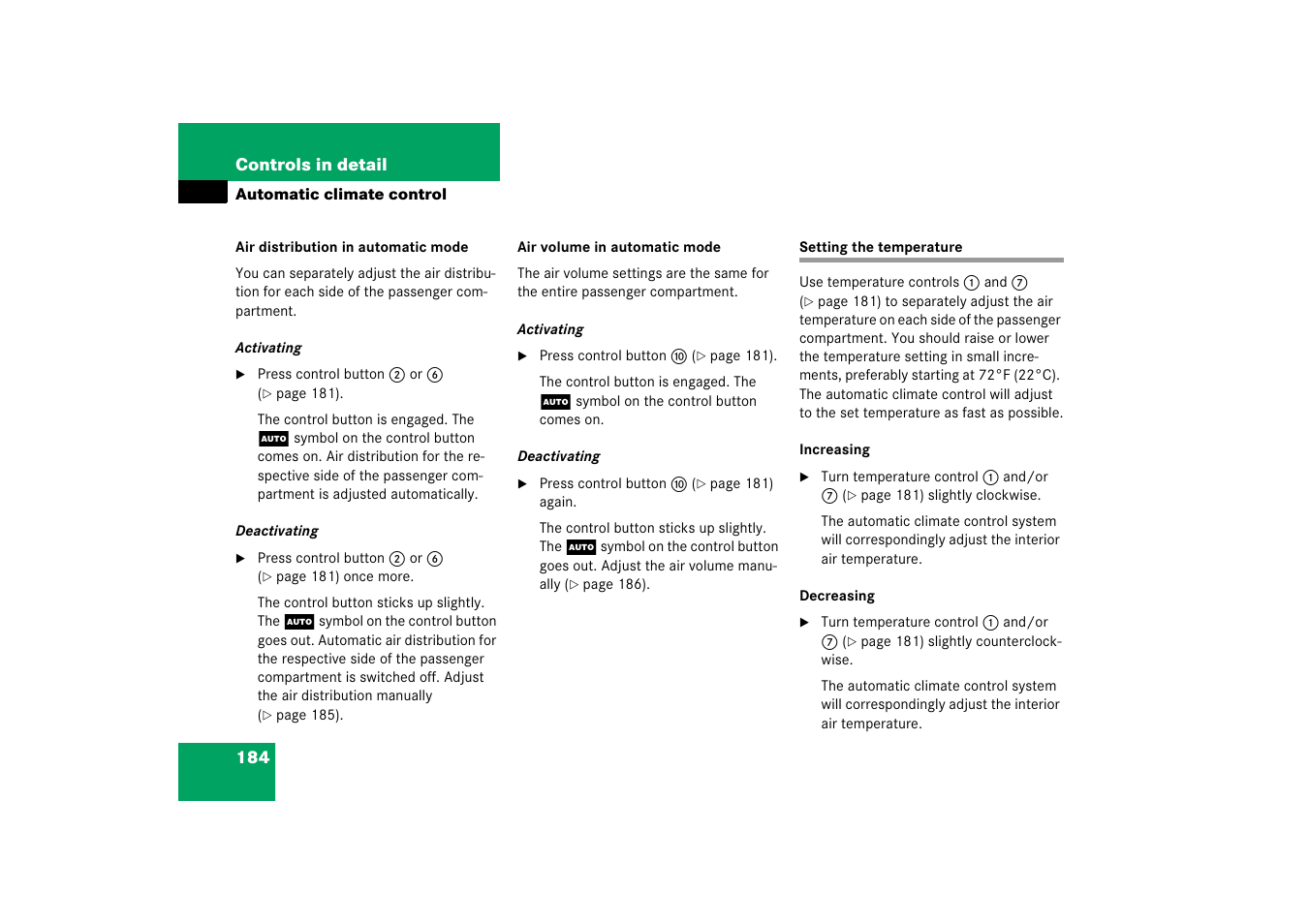 Automatic climate control system:temperature, Setting the temperature | Mercedes-Benz SL-Class 2006 Owners Manual User Manual | Page 185 / 480