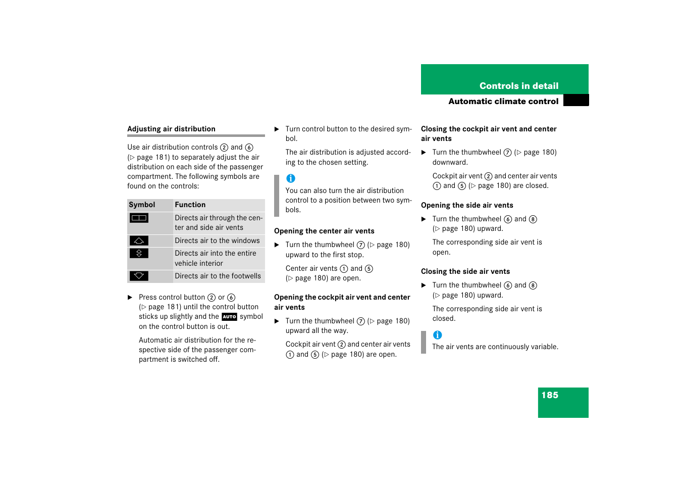 Air distribution, Adjusting air distribution | Mercedes-Benz SL-Class 2006 Owners Manual User Manual | Page 186 / 480