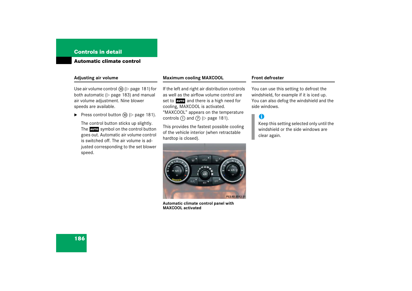 Air volume, Maximum cooling maxcool, Automatic climate control system:defrosting | Ally | Mercedes-Benz SL-Class 2006 Owners Manual User Manual | Page 187 / 480