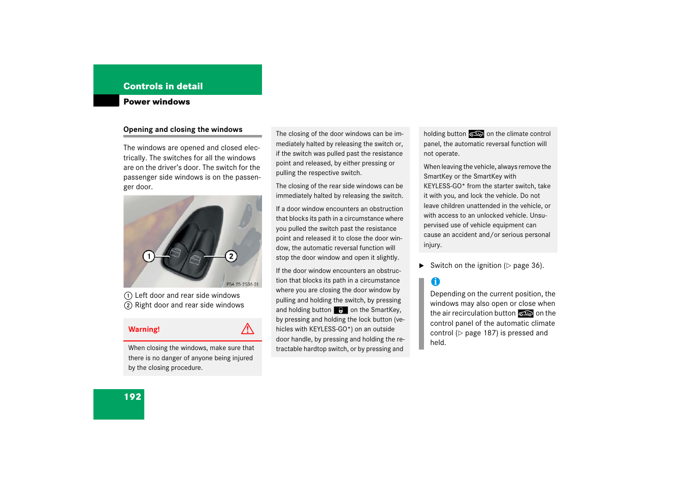 Power windows, Power windows:side windows, Opening and closing the windows. 192 | Ndows | Mercedes-Benz SL-Class 2006 Owners Manual User Manual | Page 193 / 480