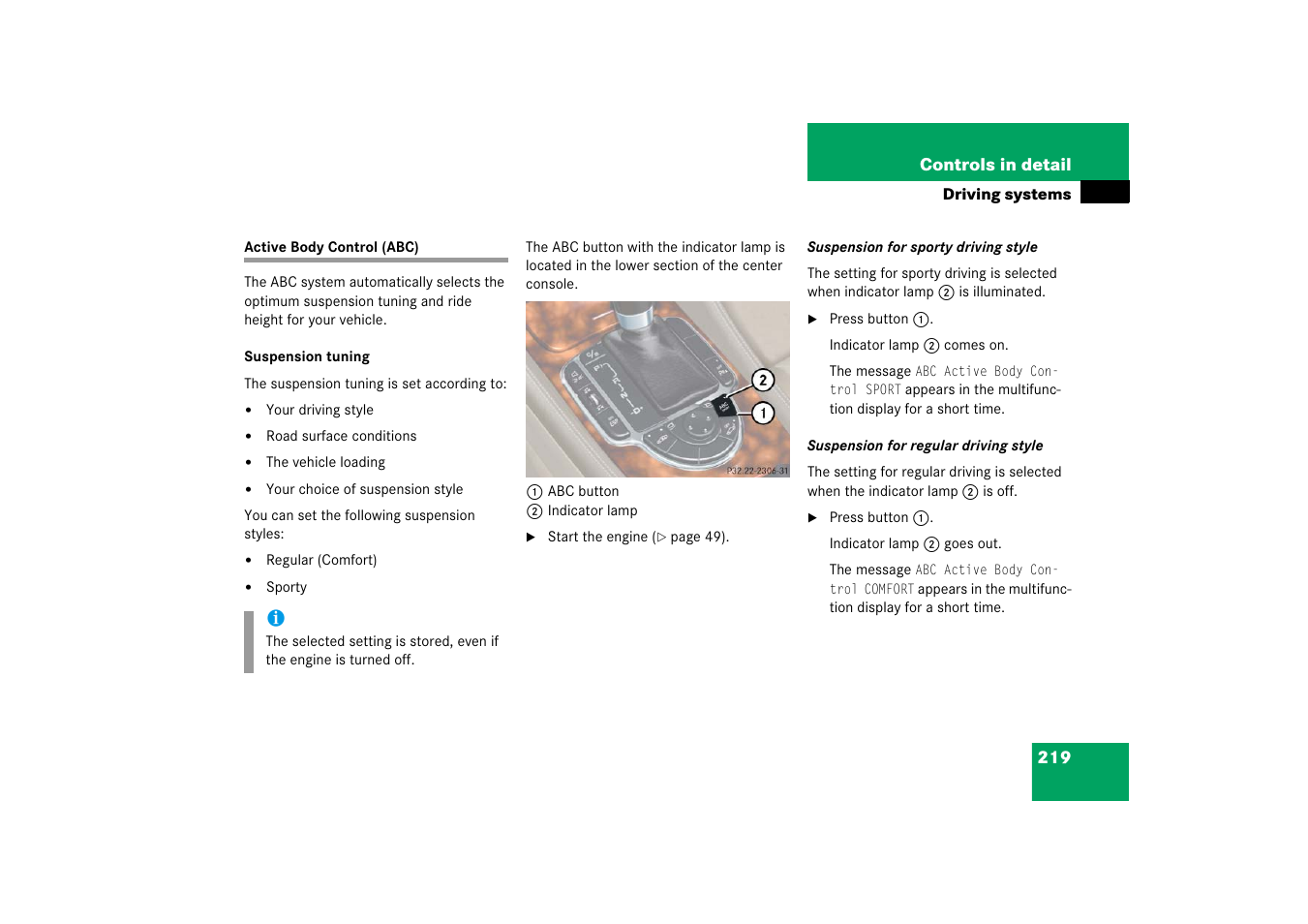 Active body control (abc) | Mercedes-Benz SL-Class 2006 Owners Manual User Manual | Page 220 / 480