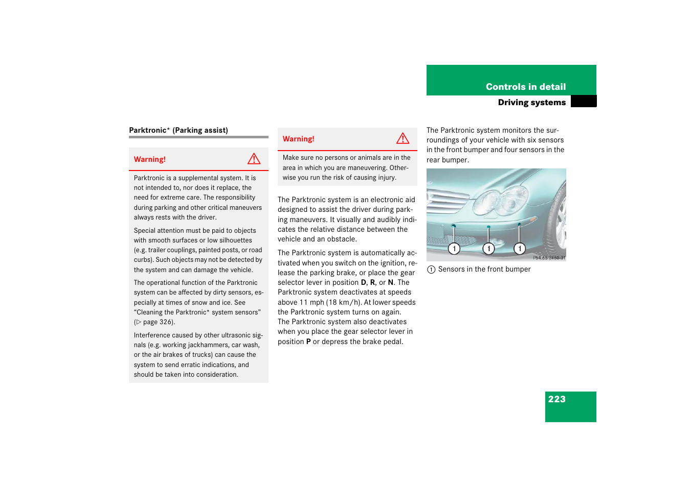 Parking assistance (parktronic*), Parktronic* (parking assist) | Mercedes-Benz SL-Class 2006 Owners Manual User Manual | Page 224 / 480