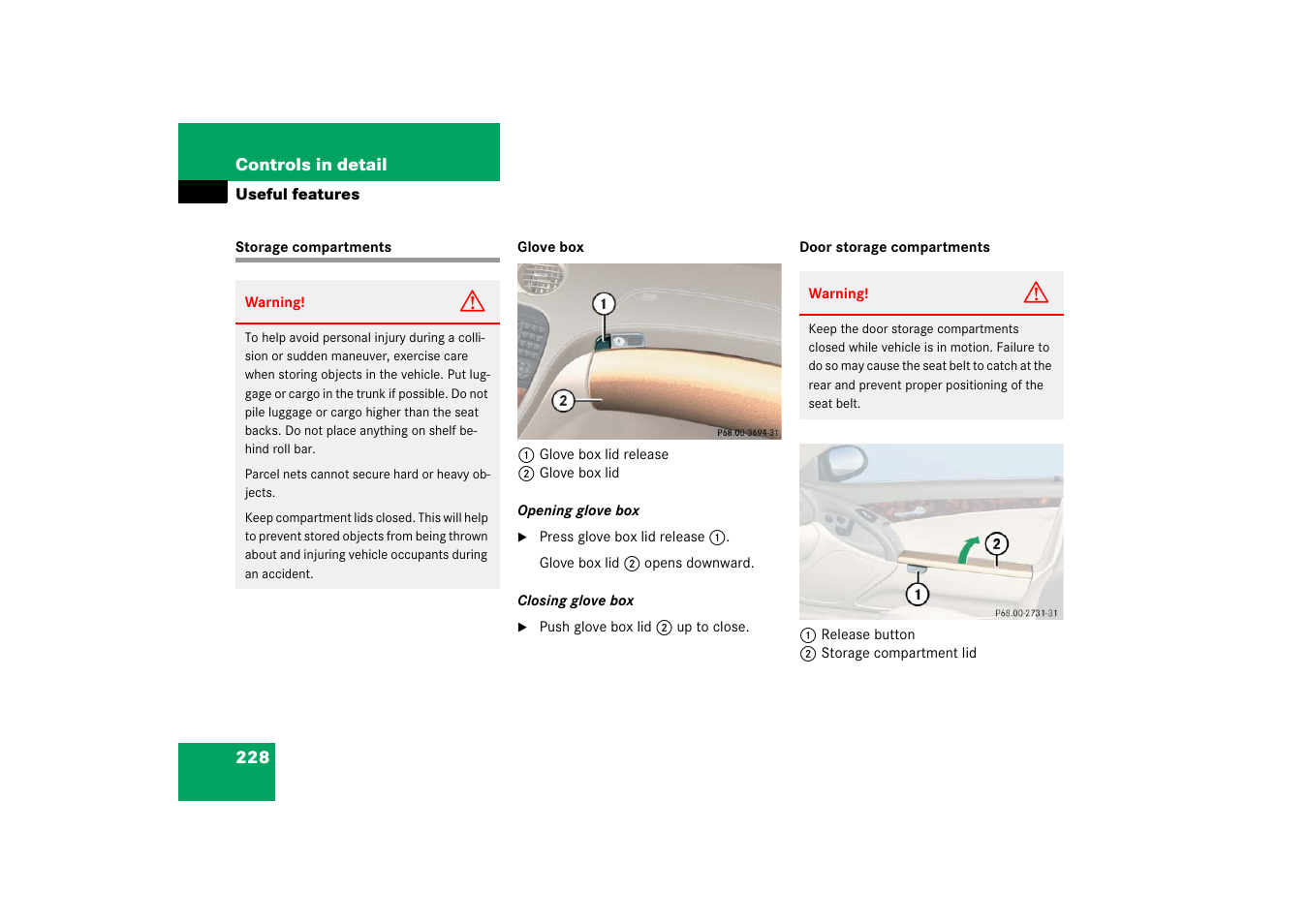 Useful features, Storage compartments | Mercedes-Benz SL-Class 2006 Owners Manual User Manual | Page 229 / 480