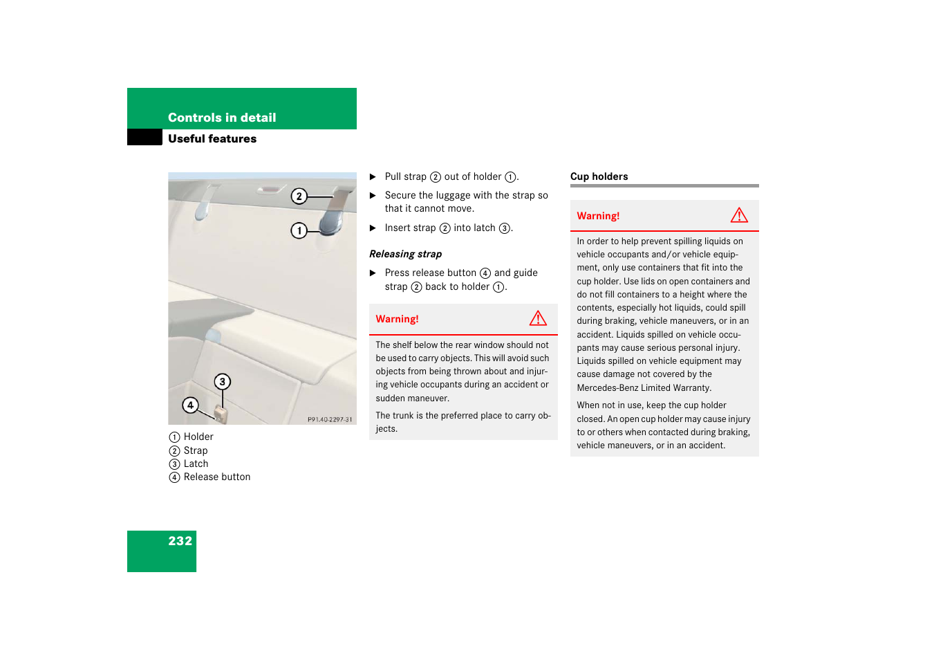 Cup holder, Cup holders | Mercedes-Benz SL-Class 2006 Owners Manual User Manual | Page 233 / 480