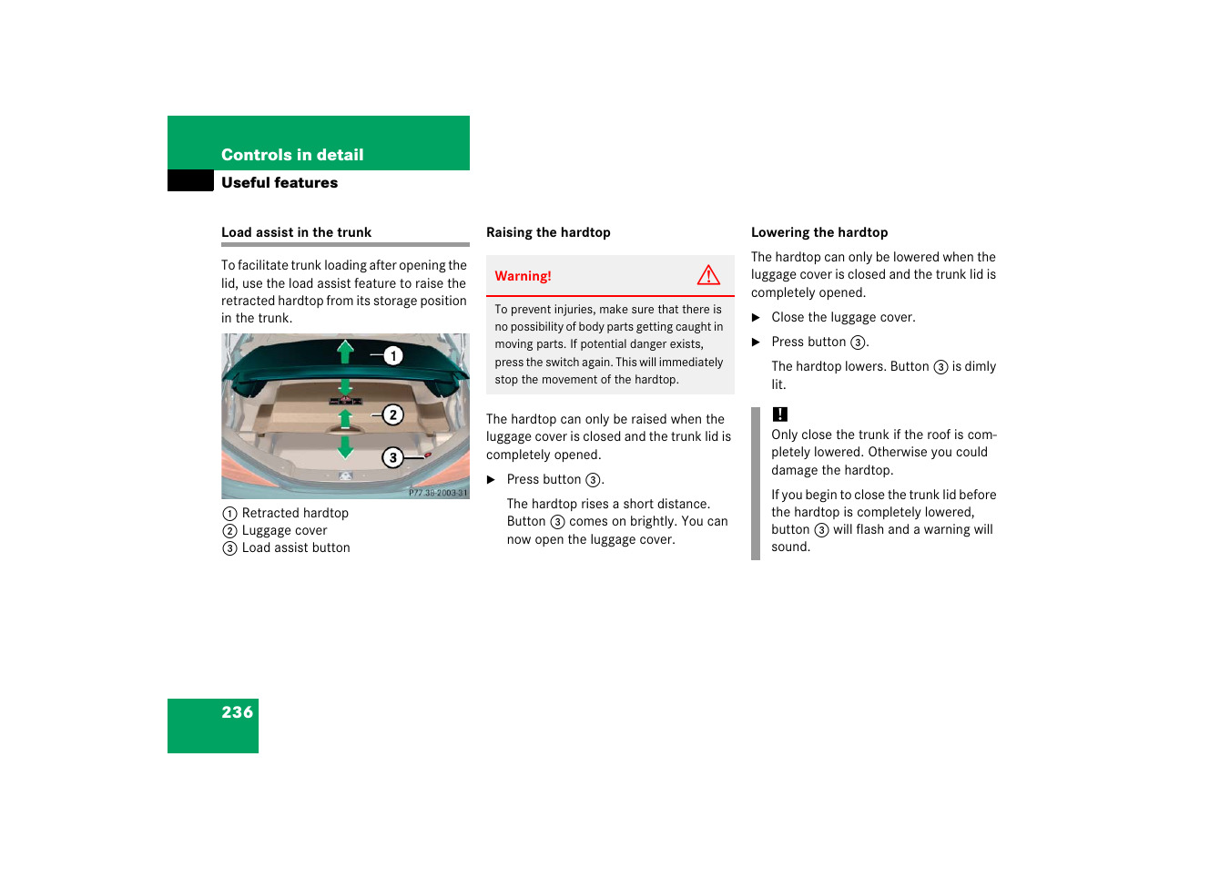 Trunk:load assist, Load assist in the trunk, Ature | Mercedes-Benz SL-Class 2006 Owners Manual User Manual | Page 237 / 480