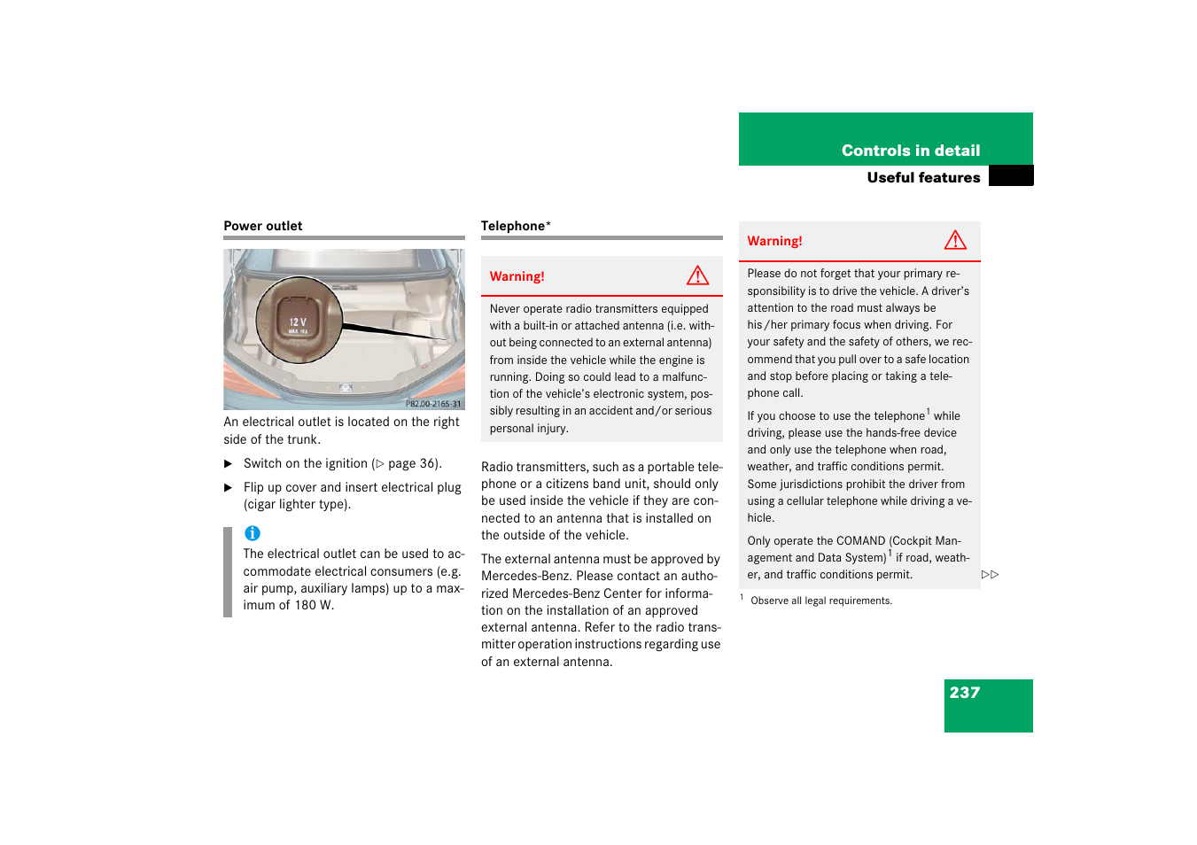 Telephone, Power outlet telephone, Wer outlet | Mercedes-Benz SL-Class 2006 Owners Manual User Manual | Page 238 / 480