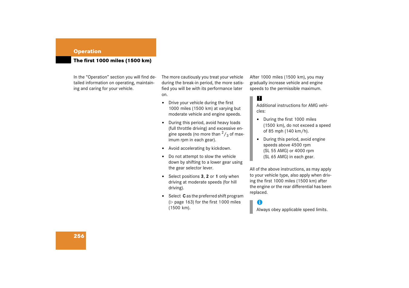 The first 1000 miles (1500 km) | Mercedes-Benz SL-Class 2006 Owners Manual User Manual | Page 257 / 480
