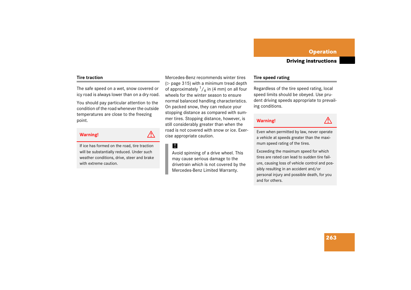 Tire traction, Tire speed rating, Tire traction tire speed rating | Mercedes-Benz SL-Class 2006 Owners Manual User Manual | Page 264 / 480