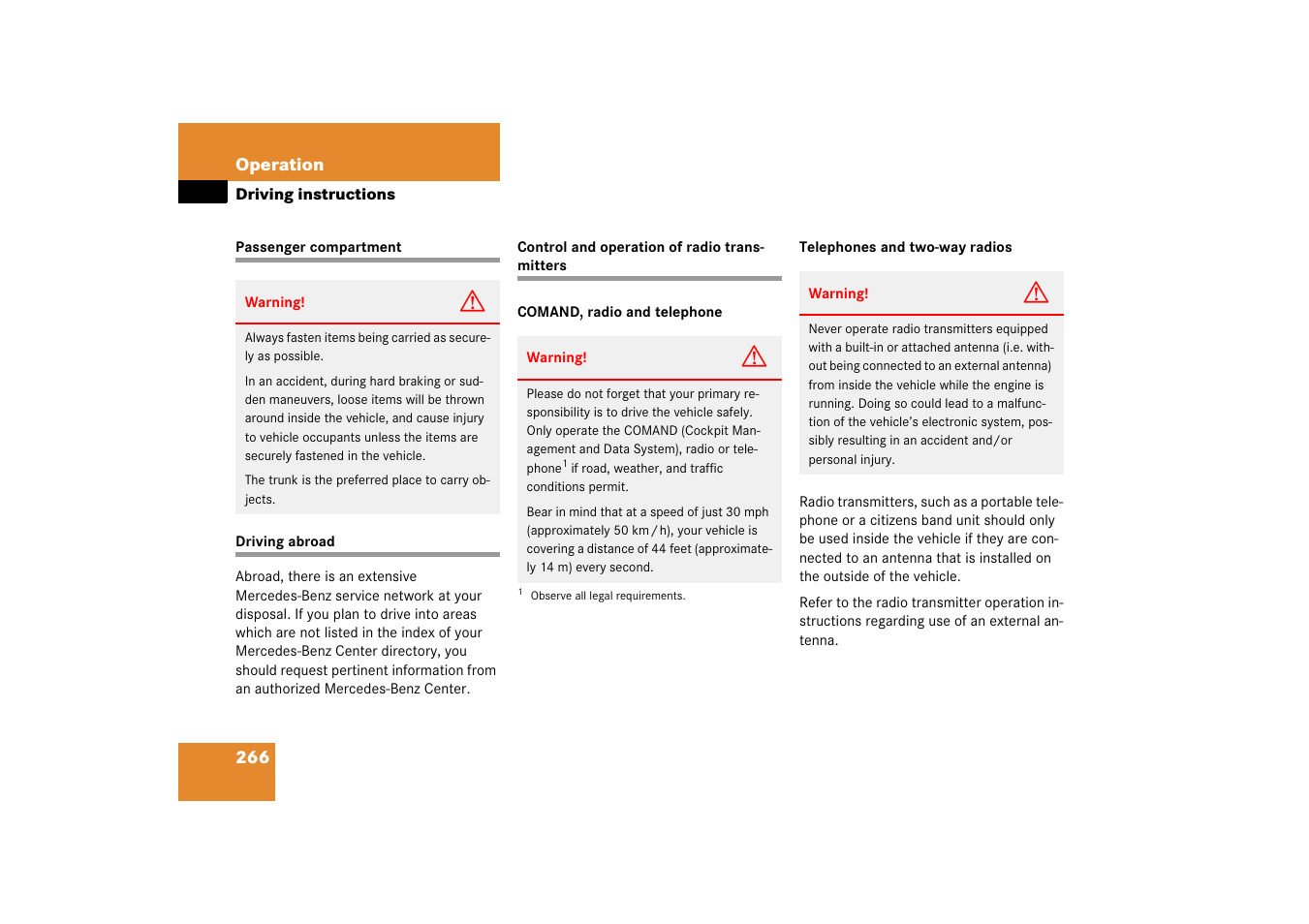 Passenger compartment, Driving:abroad, Radio transmitters:control and operation | Mercedes-Benz SL-Class 2006 Owners Manual User Manual | Page 267 / 480