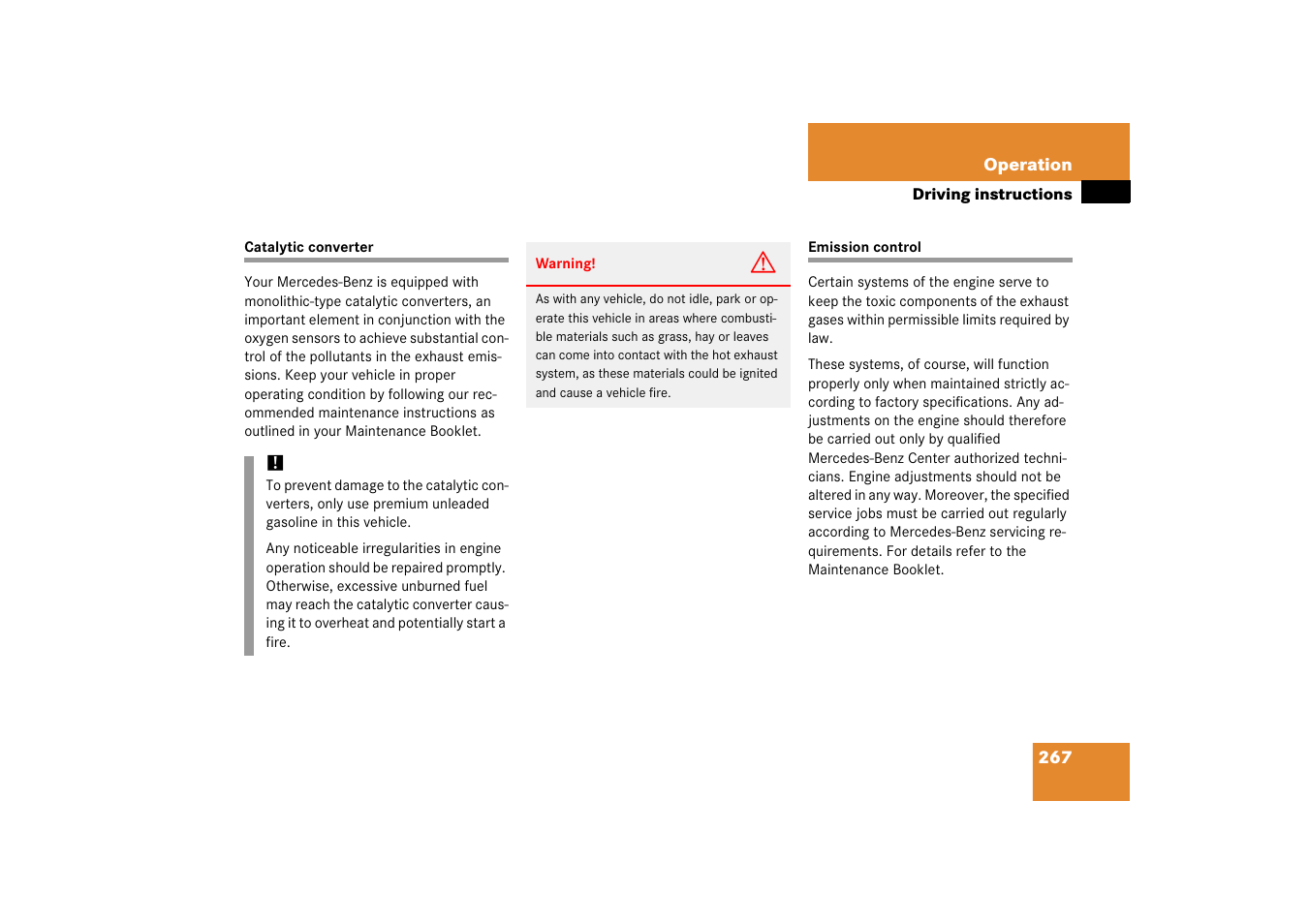 Catalytic converter, Emission control, Catalytic converter emission control | Mercedes-Benz SL-Class 2006 Owners Manual User Manual | Page 268 / 480