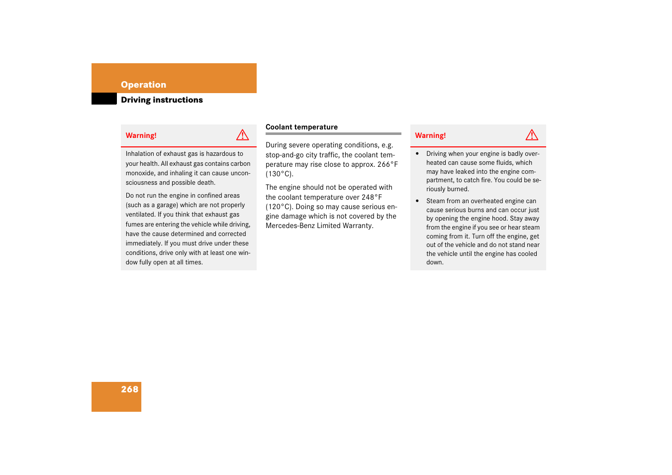 Coolant:temperature, Coolant temperature | Mercedes-Benz SL-Class 2006 Owners Manual User Manual | Page 269 / 480