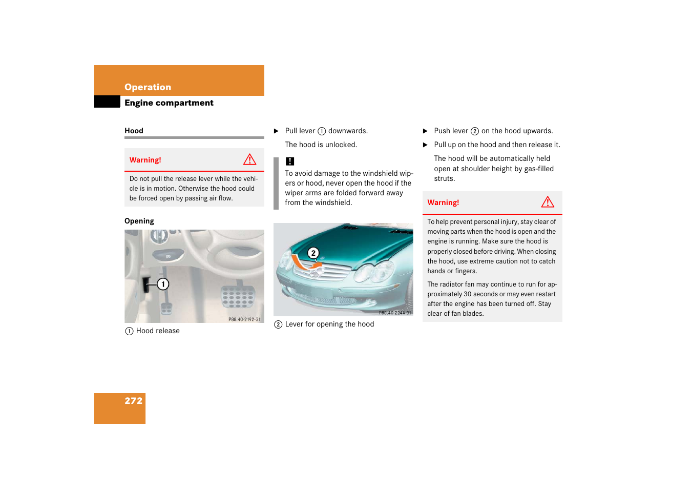 Engine:compartment, Hood, Engine compartment | Mercedes-Benz SL-Class 2006 Owners Manual User Manual | Page 273 / 480