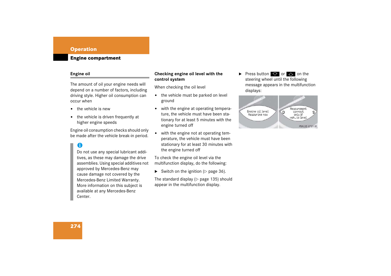 Engine oil:checking level, Engine oil | Mercedes-Benz SL-Class 2006 Owners Manual User Manual | Page 275 / 480