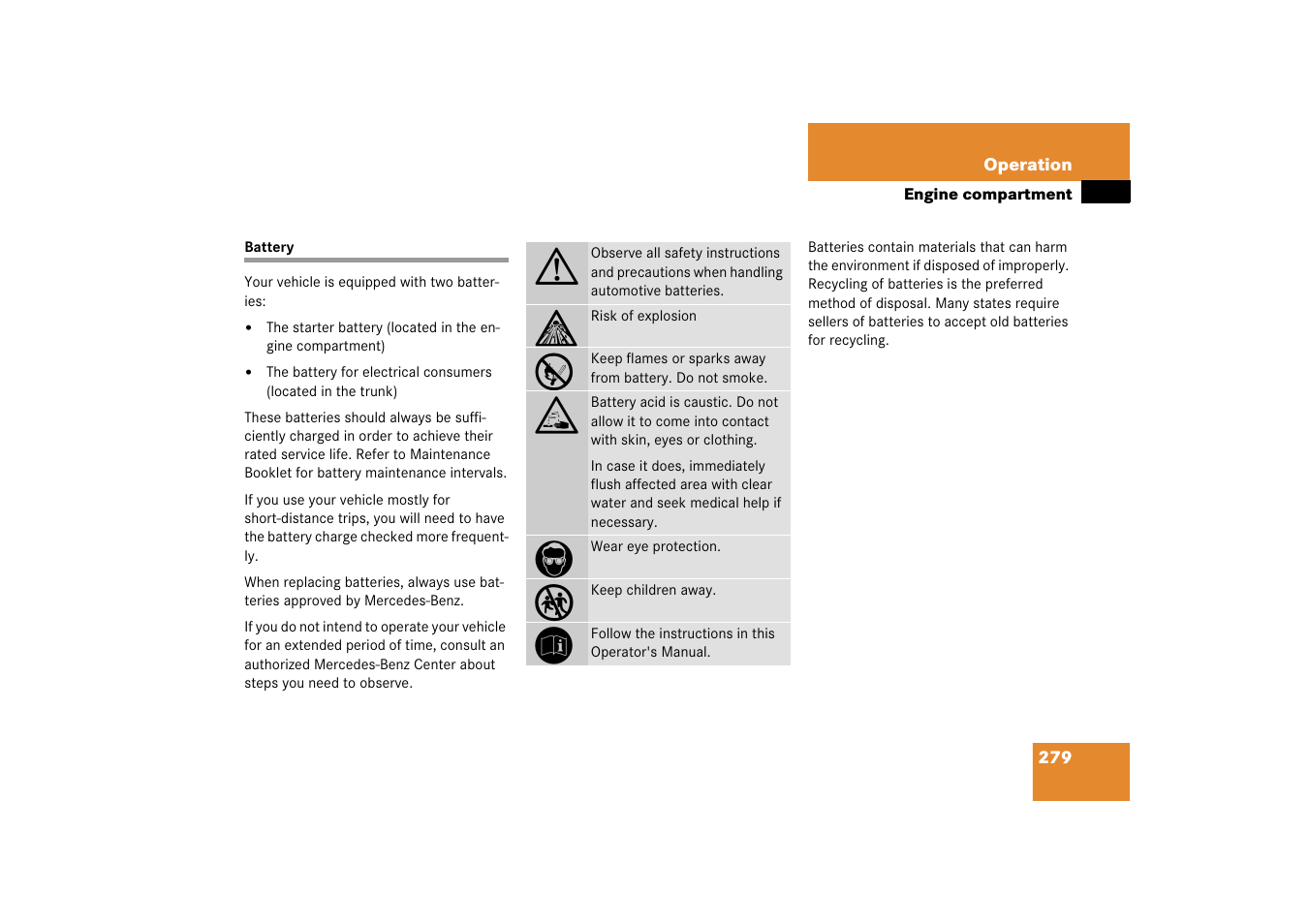 Batteries, vehicle, Battery | Mercedes-Benz SL-Class 2006 Owners Manual User Manual | Page 280 / 480