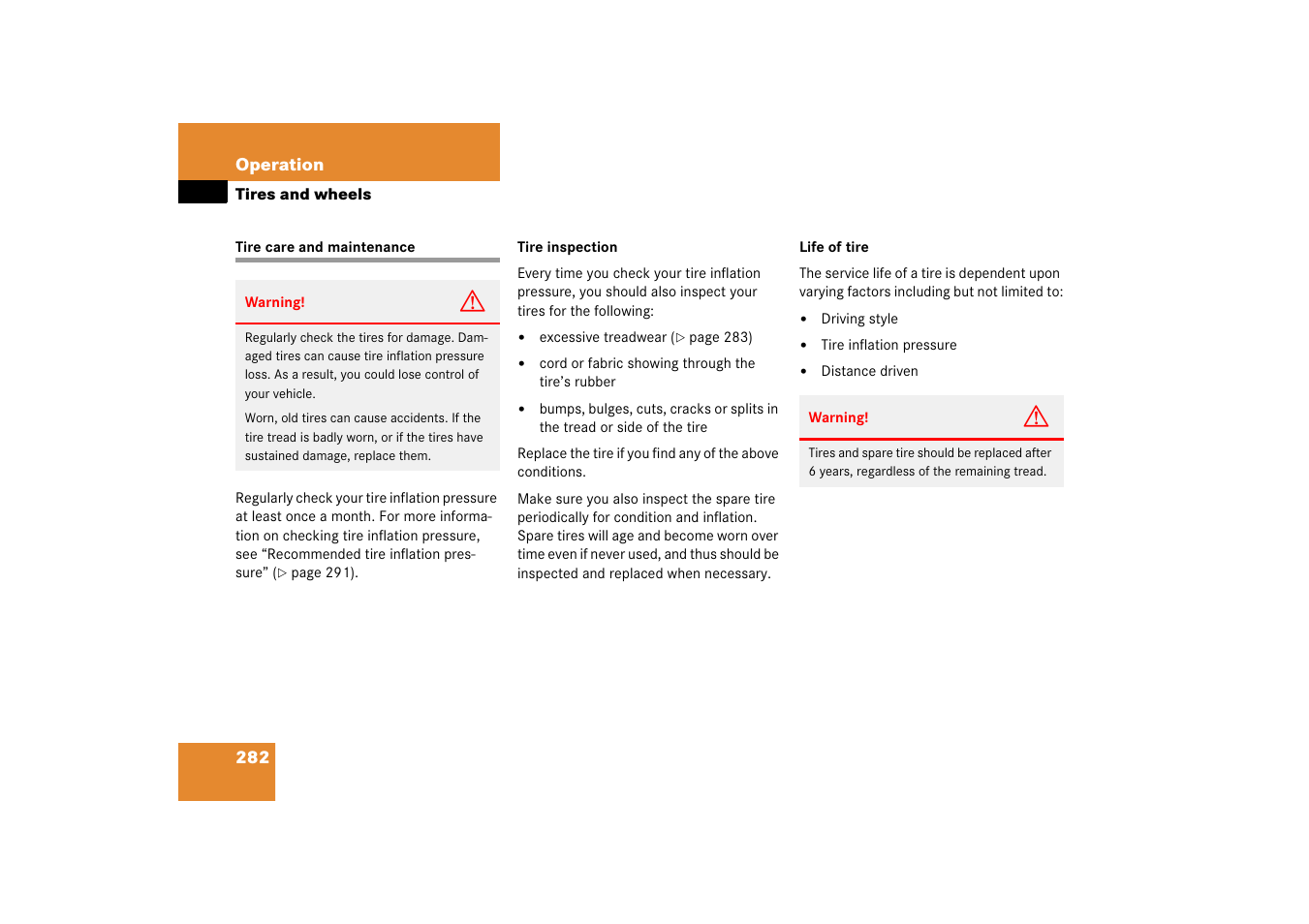 Tire care and maintenance | Mercedes-Benz SL-Class 2006 Owners Manual User Manual | Page 283 / 480