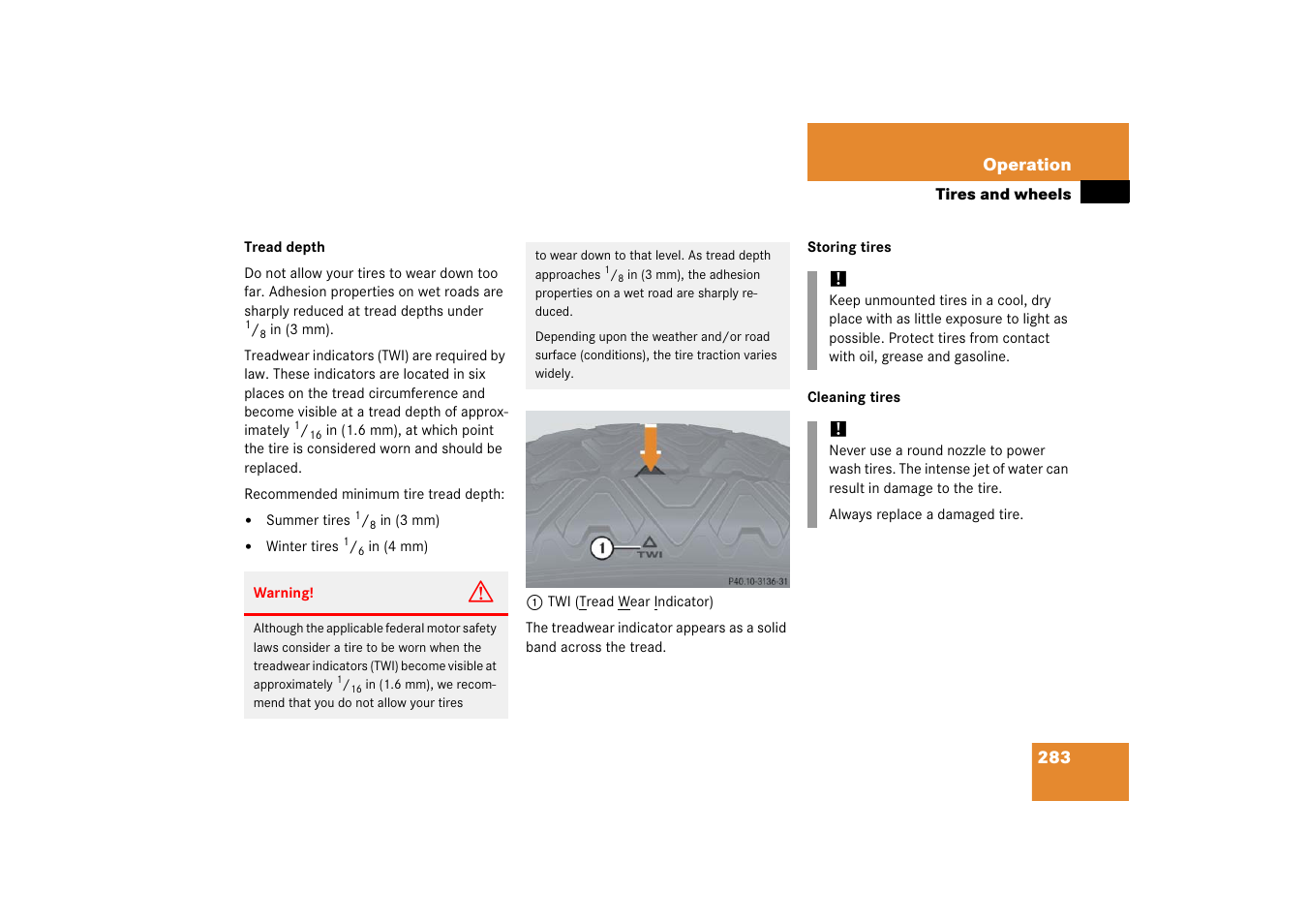 Excessive treadwear | Mercedes-Benz SL-Class 2006 Owners Manual User Manual | Page 284 / 480