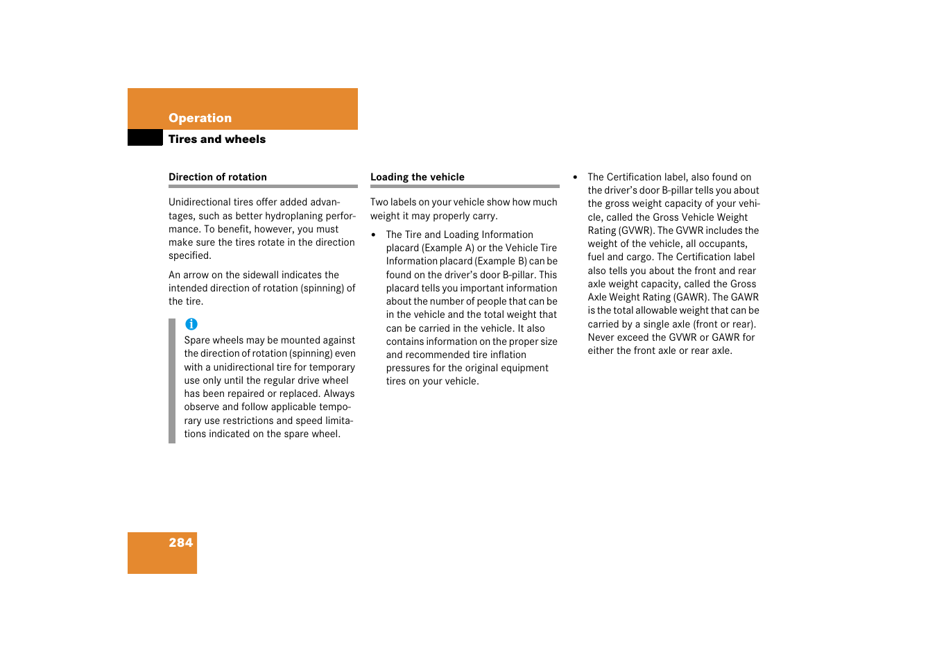 Direction of rotation (tires), Loading the vehicle, Direction of rotation loading the vehicle | Mercedes-Benz SL-Class 2006 Owners Manual User Manual | Page 285 / 480