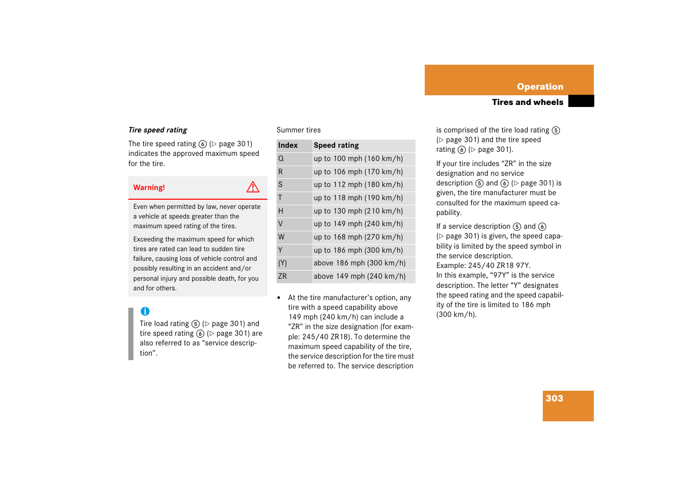 D rating, See “tire speed rating | Mercedes-Benz SL-Class 2006 Owners Manual User Manual | Page 304 / 480