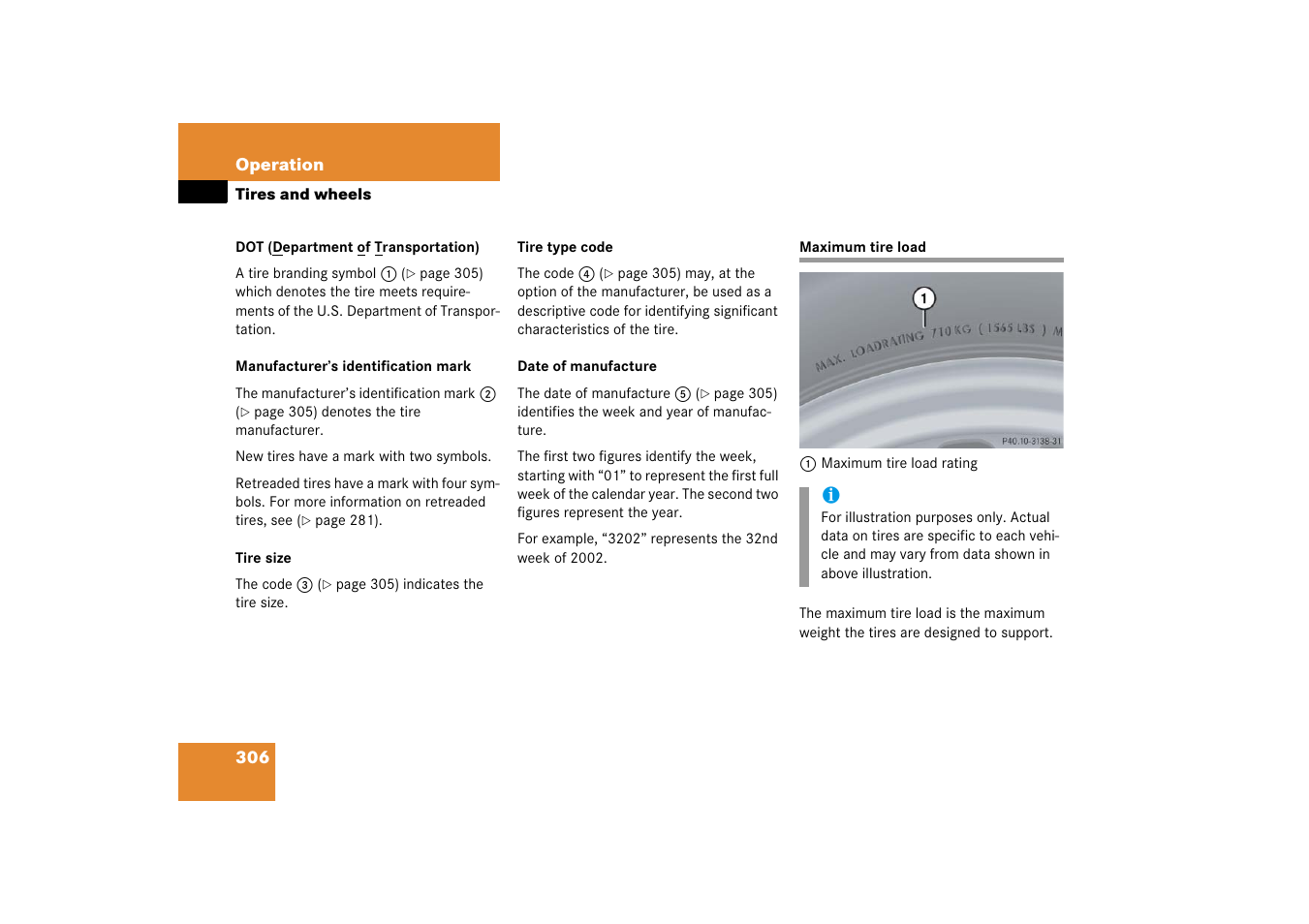 Maximum tire load | Mercedes-Benz SL-Class 2006 Owners Manual User Manual | Page 307 / 480