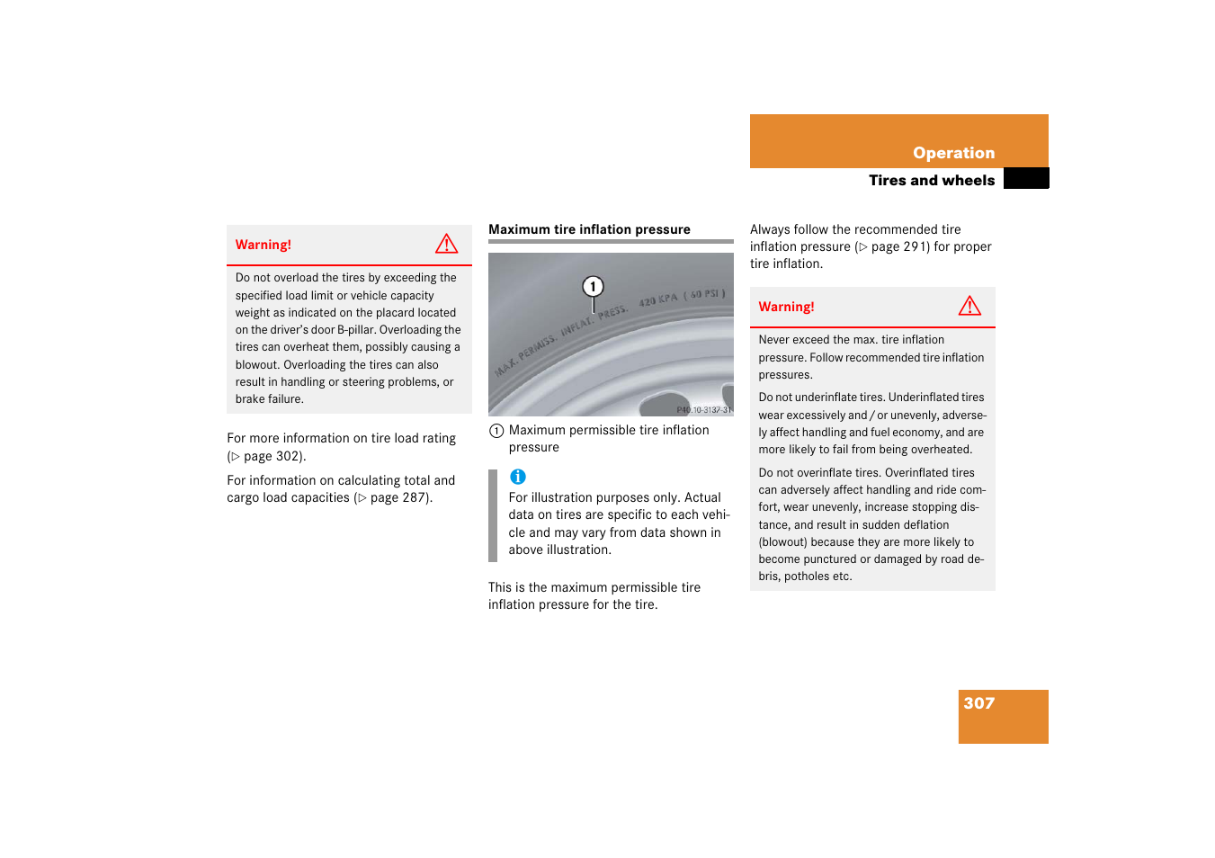 Maximum tire pressure, Maximum tire inflation pressure | Mercedes-Benz SL-Class 2006 Owners Manual User Manual | Page 308 / 480