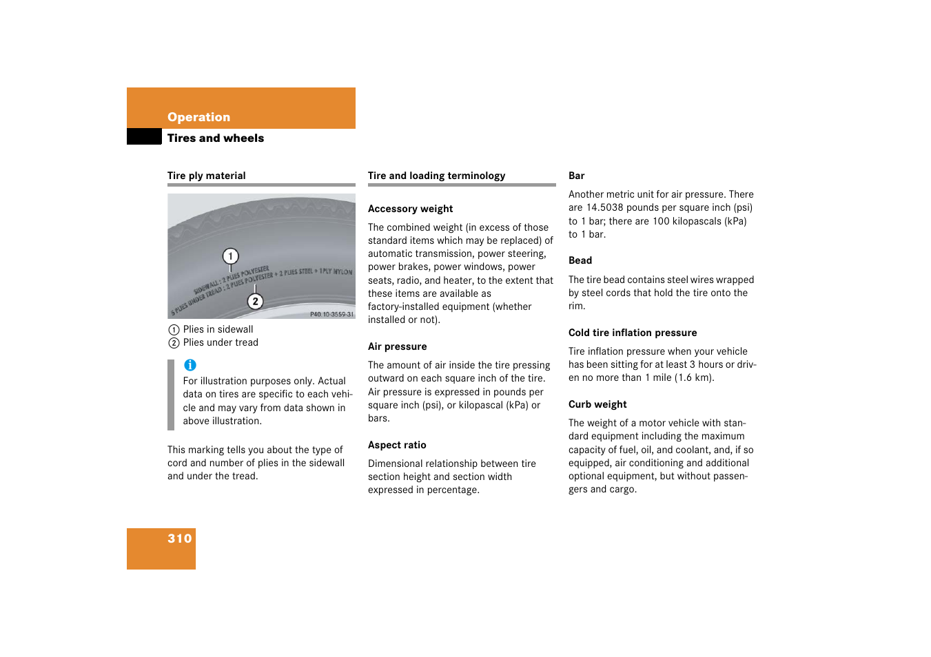 Tire ply material, Tire terminology, Tire ply material tire and loading terminology | Mercedes-Benz SL-Class 2006 Owners Manual User Manual | Page 311 / 480