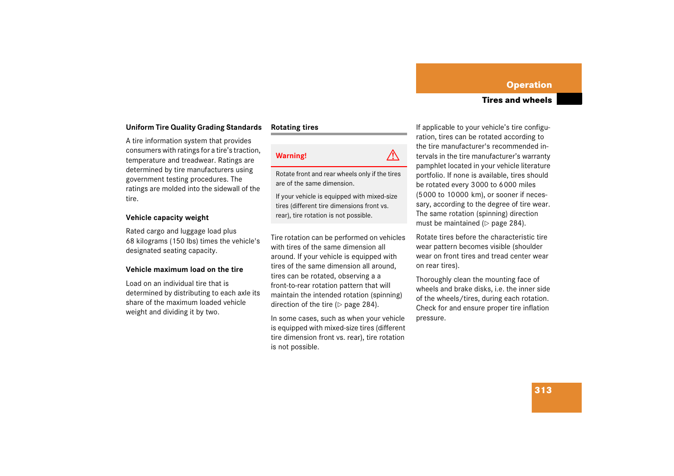 Tires:rotating, Rotating tires | Mercedes-Benz SL-Class 2006 Owners Manual User Manual | Page 314 / 480