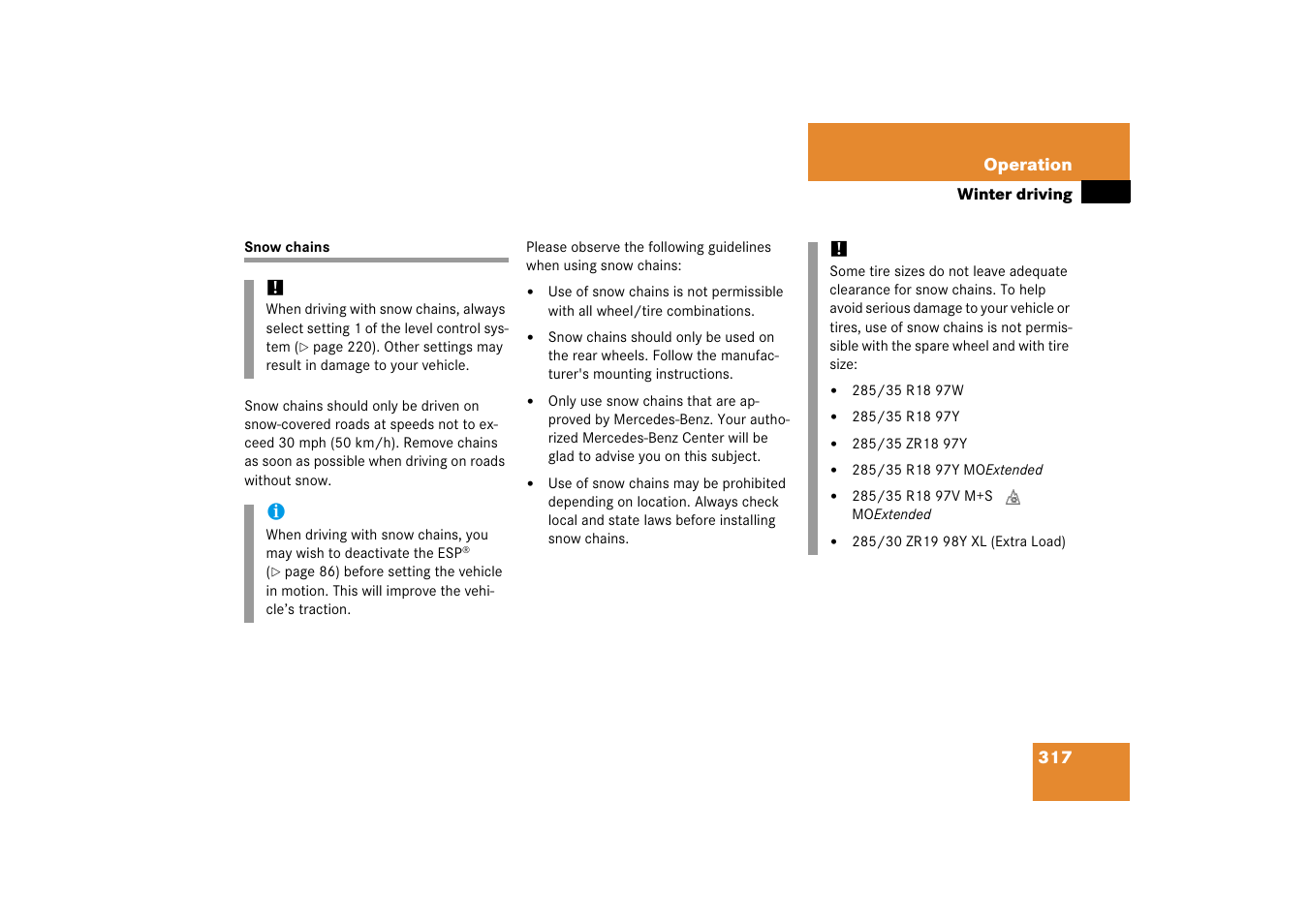 Snow chains, Chains, see “snow chains | Mercedes-Benz SL-Class 2006 Owners Manual User Manual | Page 318 / 480